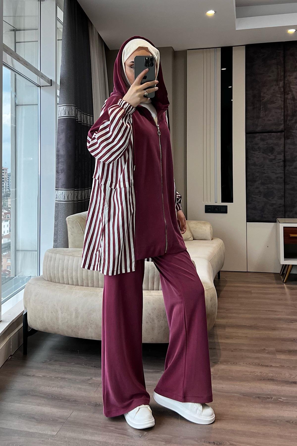 Çizgili Kapşonlu Modal Takım Bordo