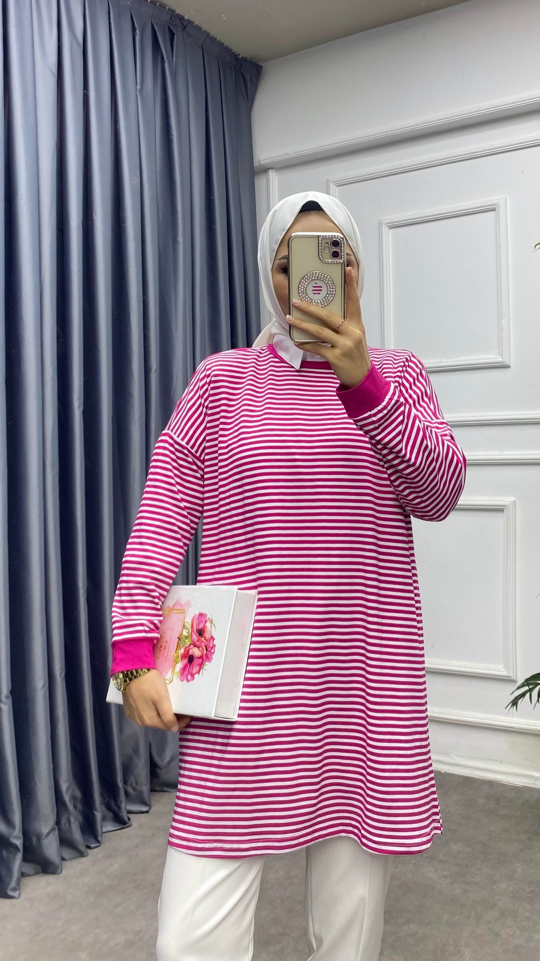 Çizgili sweat Fuşya