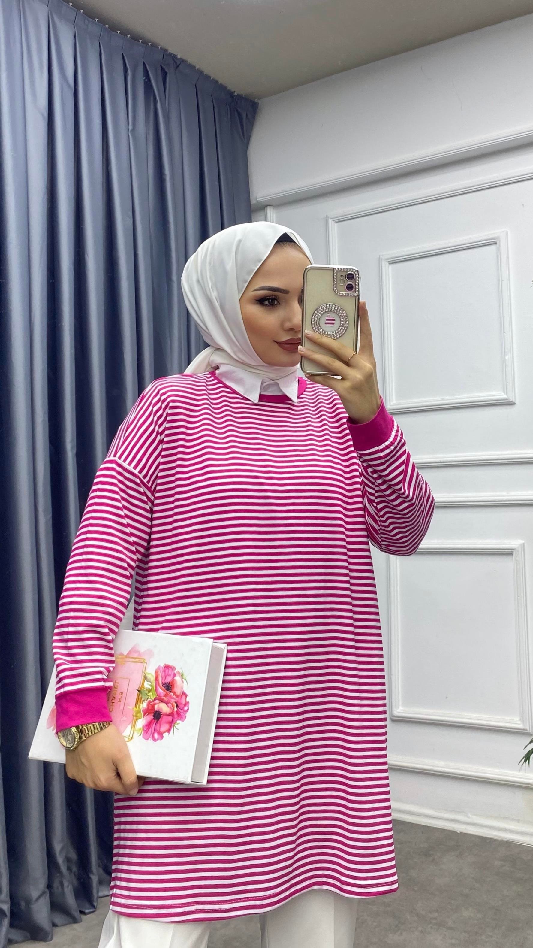 Çizgili sweat Fuşya