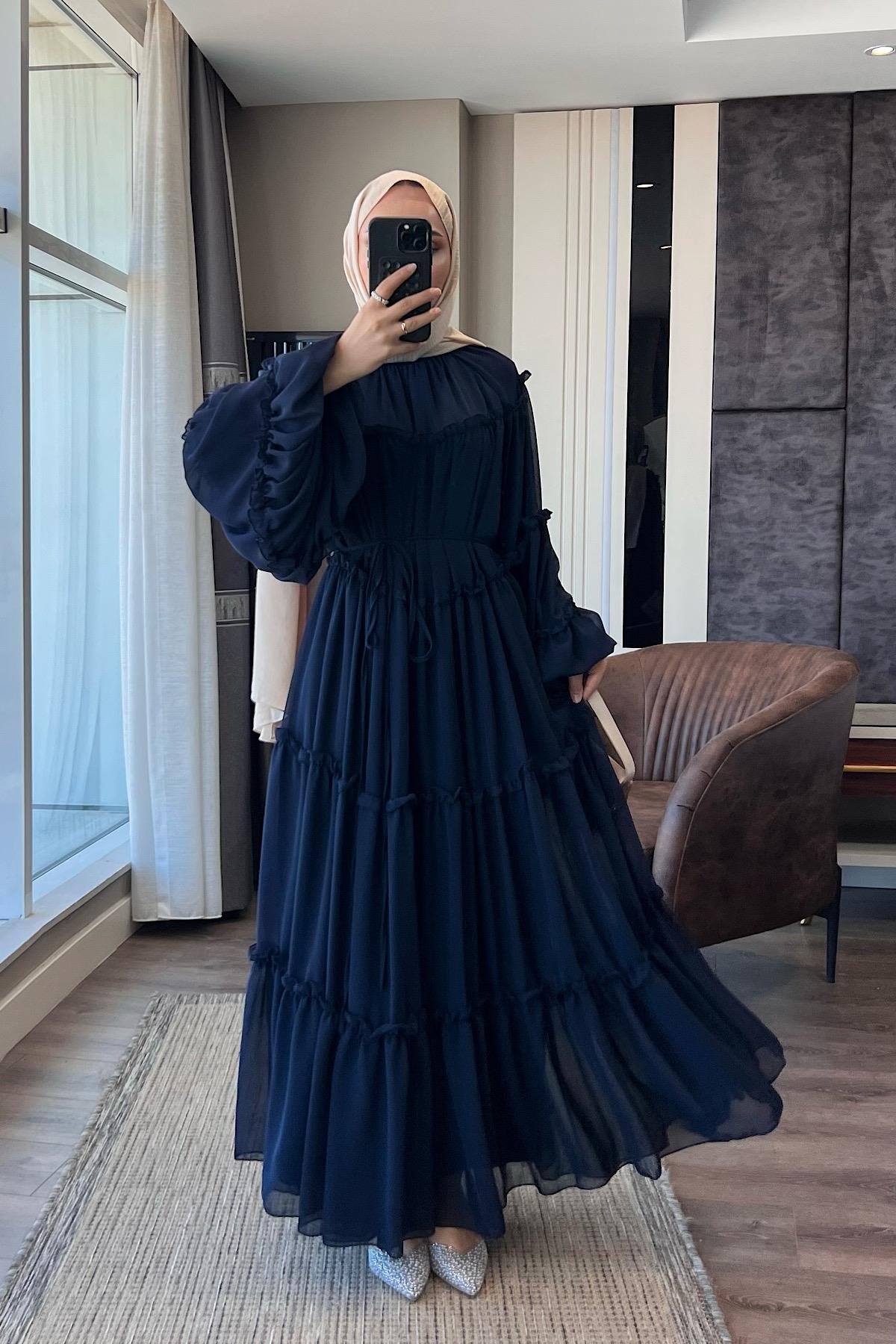 Fırfırlı Şifon Elbise LacivertDubaiShowroomELBİSELER9886