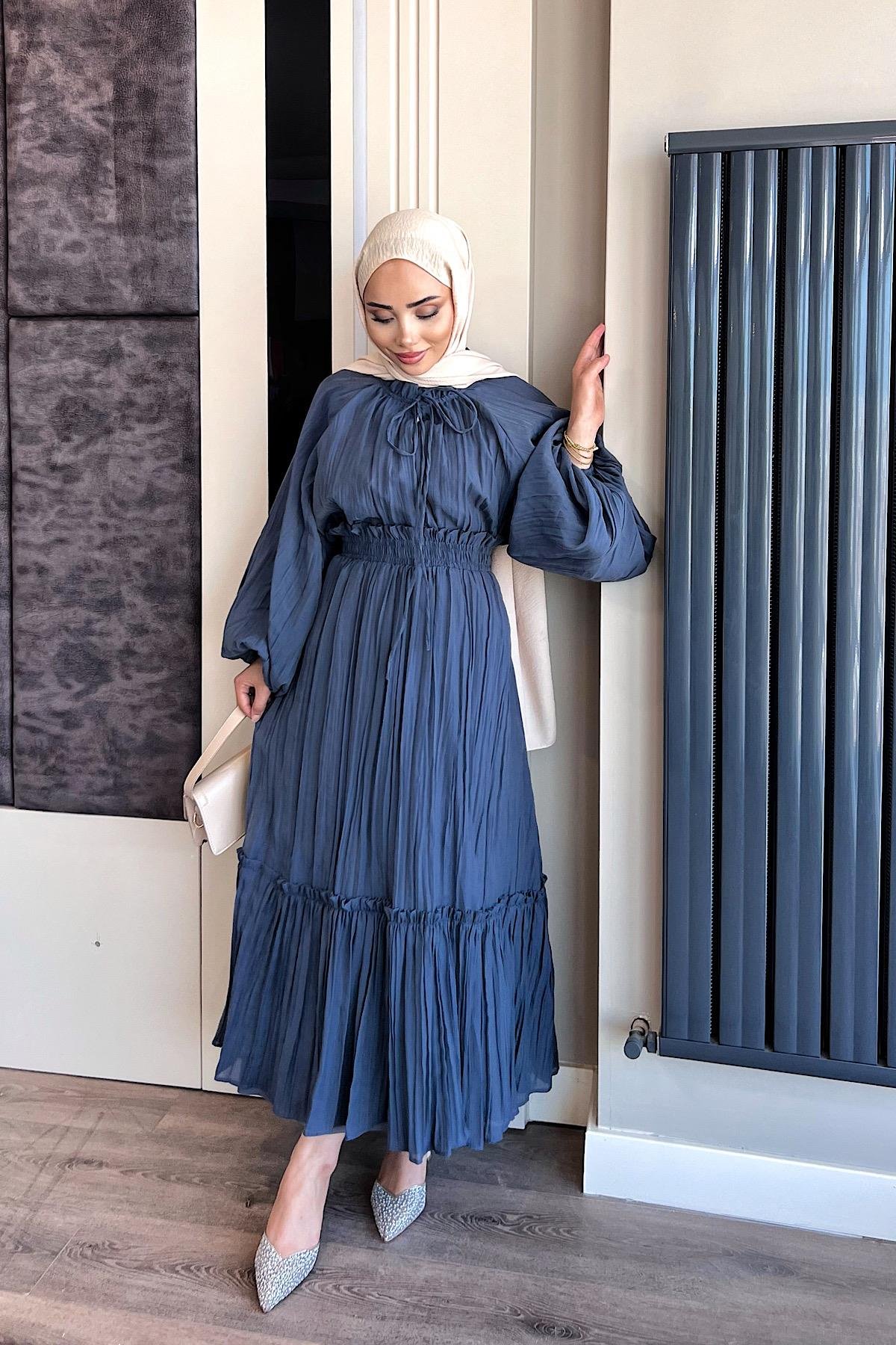 Kraşlı Vual Etekli Takım-İndigoDubaiShowroomTAKIM02326-İNDGO