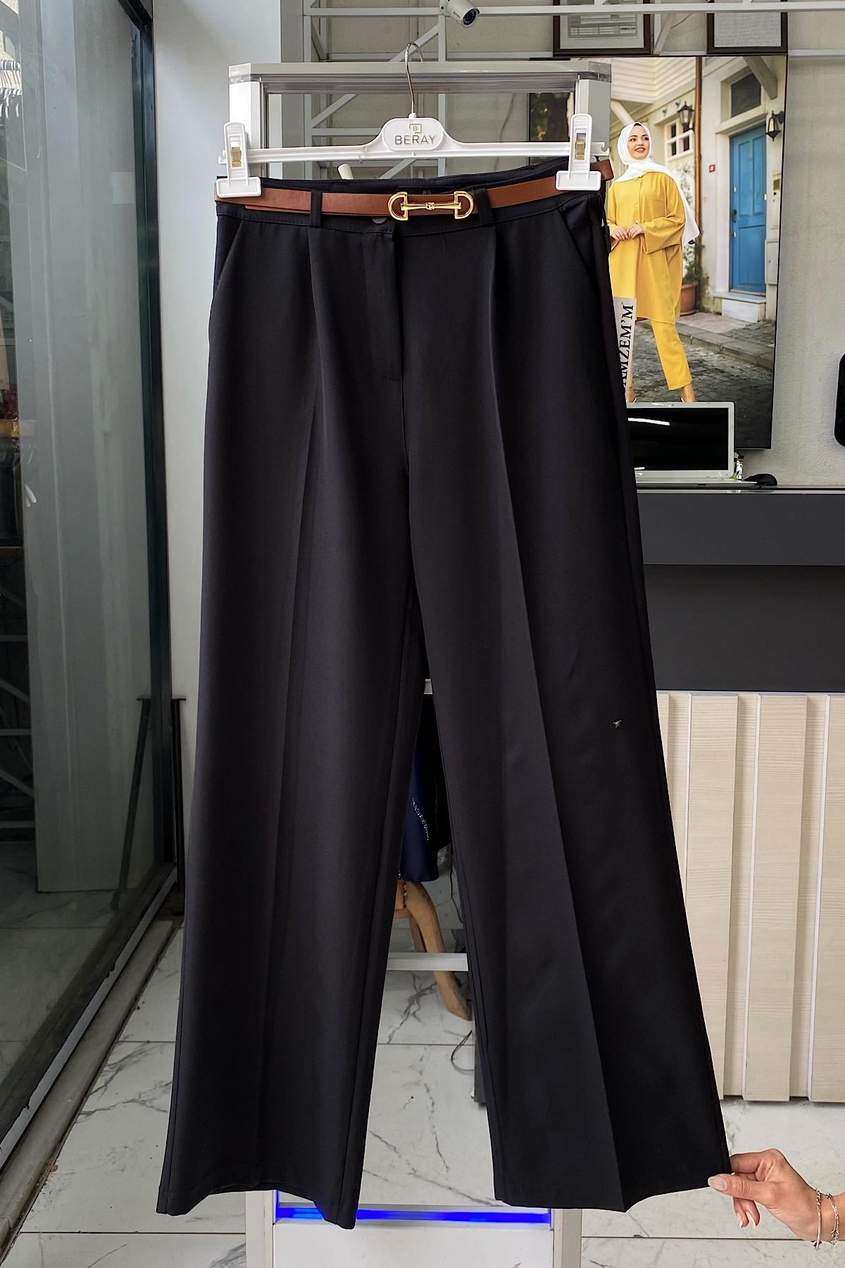 Kemerli Bol Paça Pantolon SiyahDubaiShowroomALT GİYİM02200