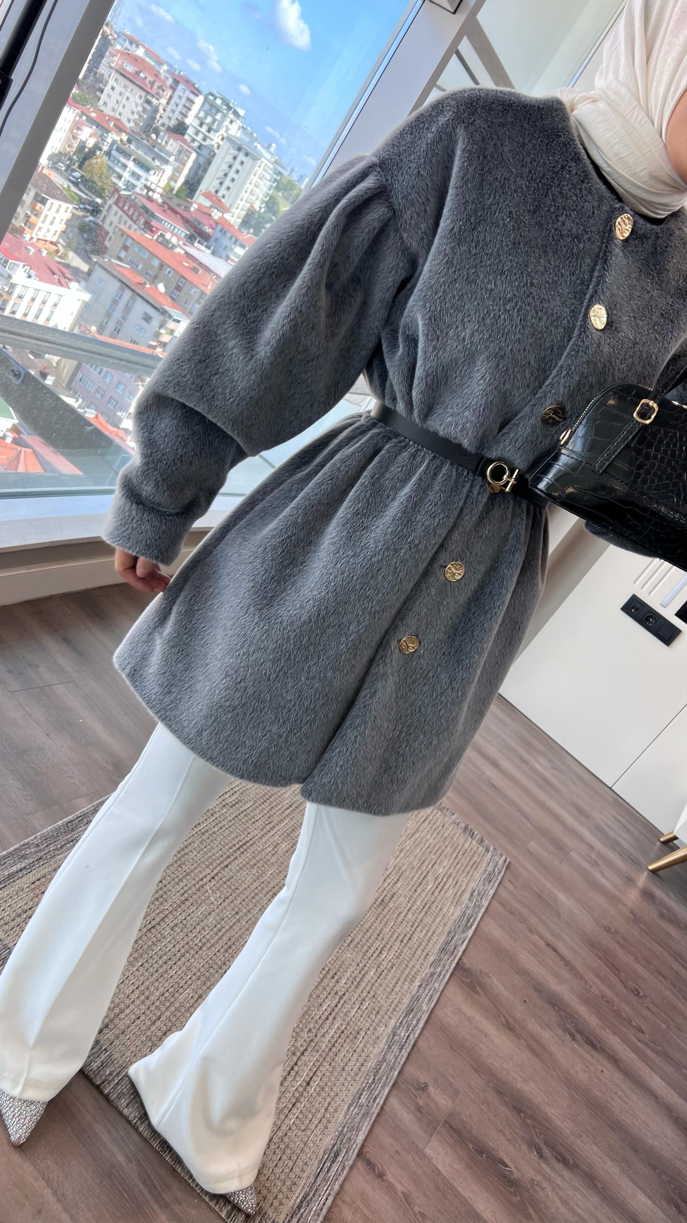 Kemerli Kürk Ceket GriDubaiShowroomDIŞ GİYİM07001