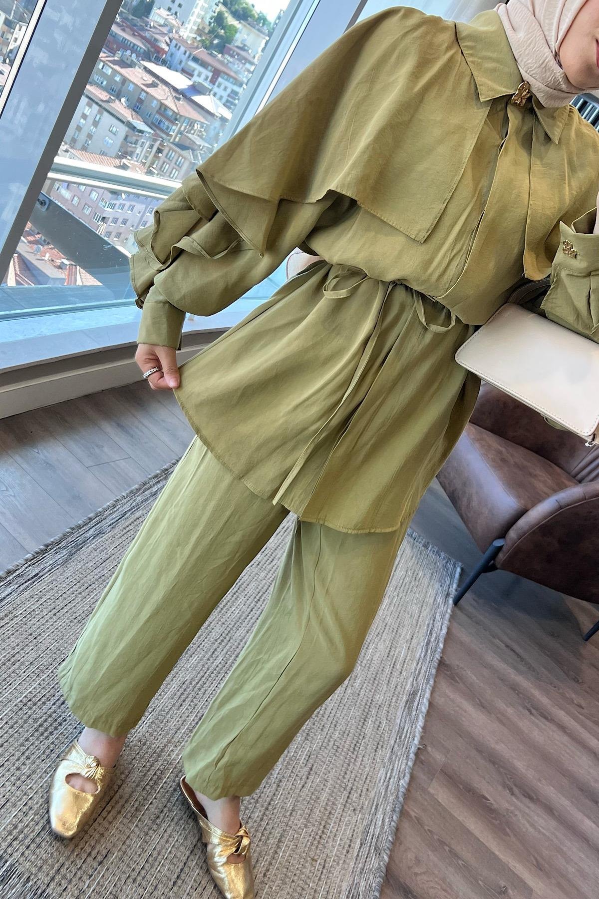 Kolları fırfırlı Takım Yağ yeşili DubaiShowroomTAKIM22729