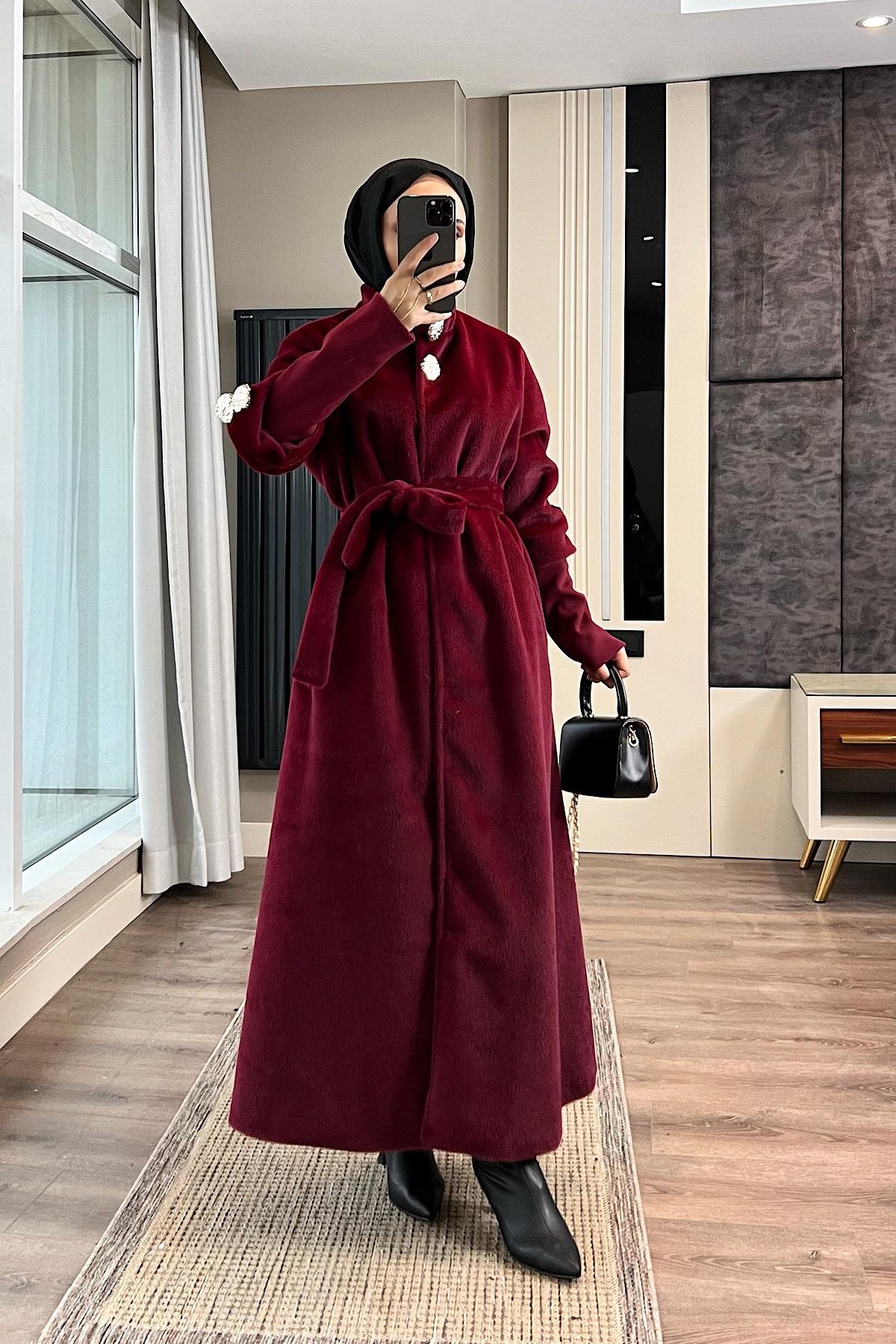 Kol Ribanalı Angora Kaban BordoDubaiShowroomDIŞ GİYİM09159