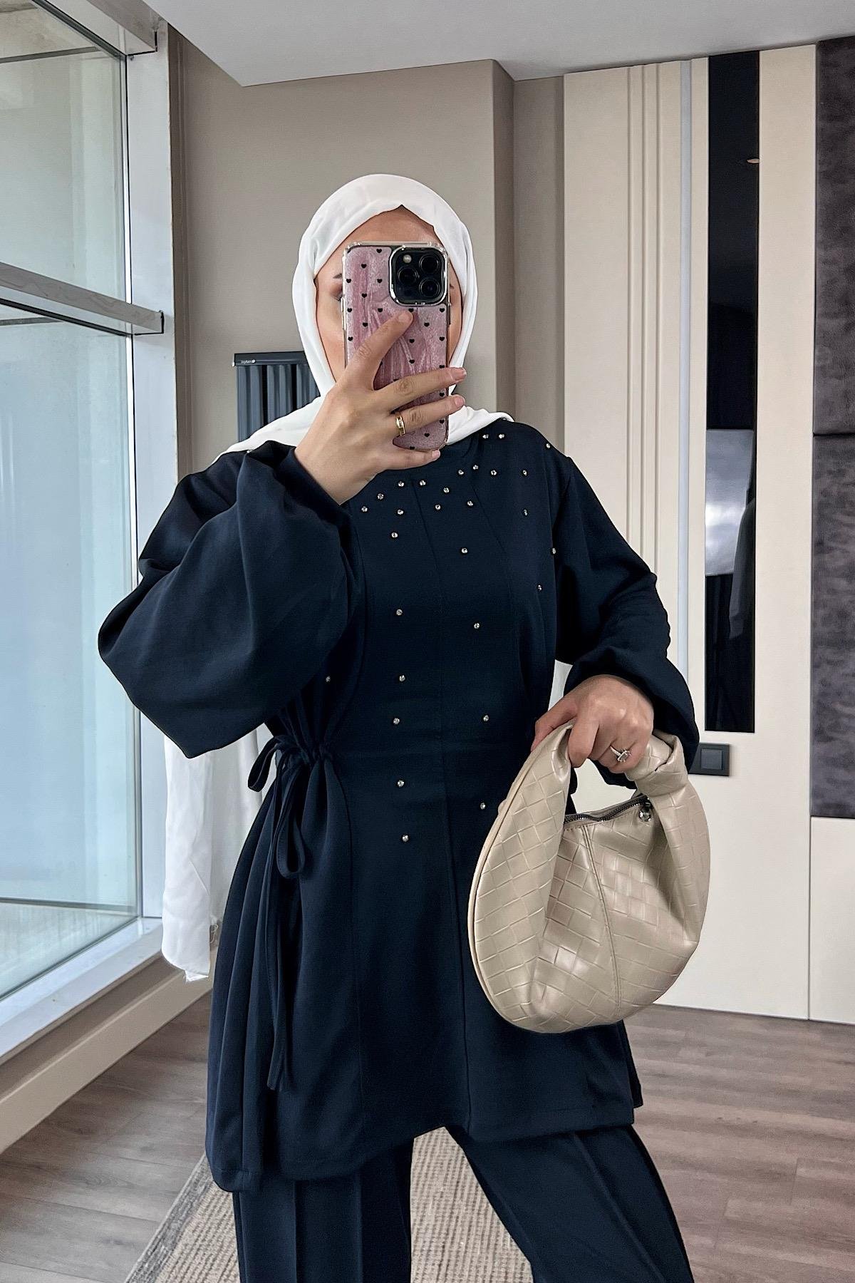 Taşlı İkili Takım Lacivert DubaiShowroomTAKIM41544
