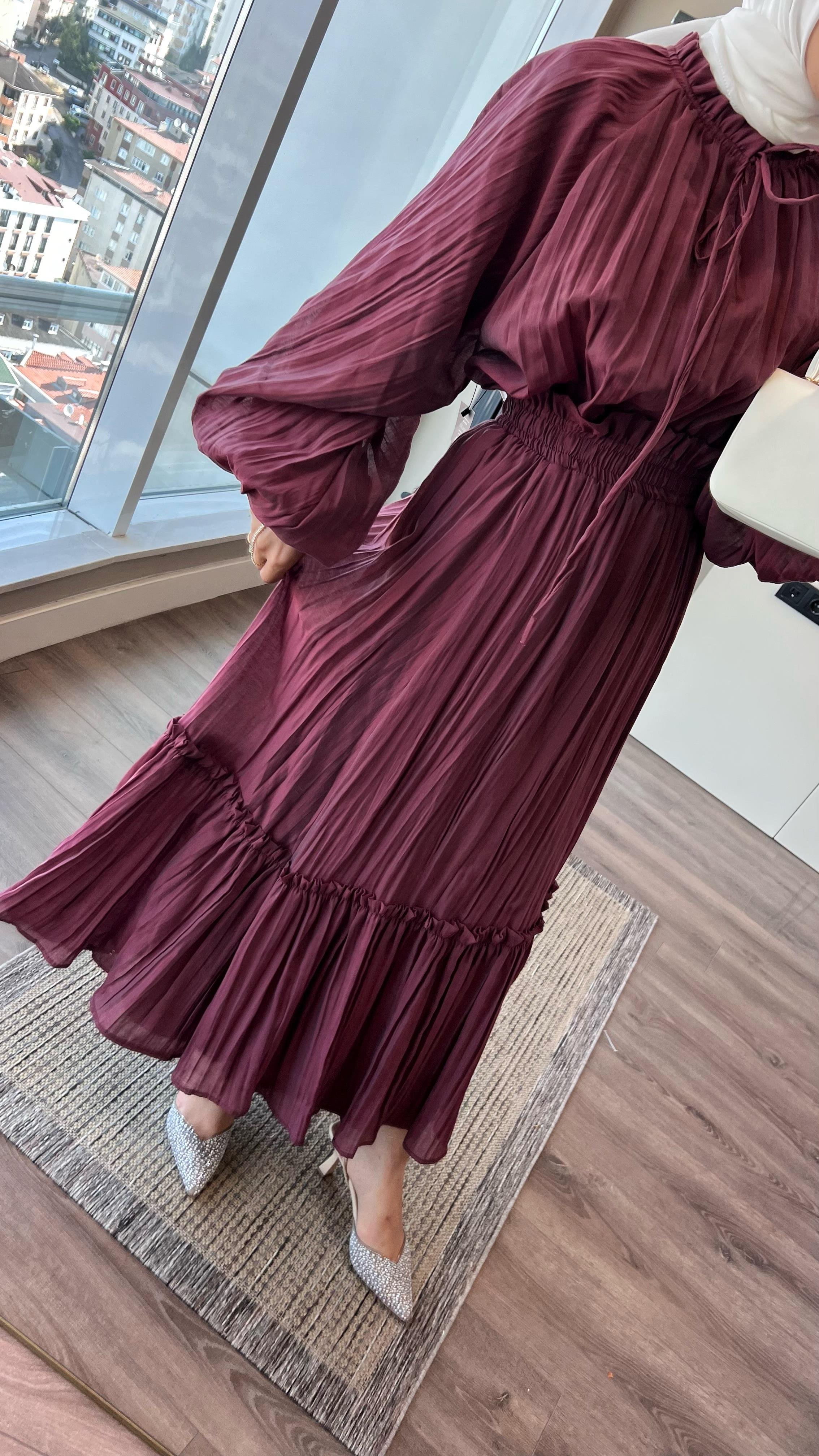 Kraşlı Vual Etekli Takım BordoDubaiShowroomTAKIM02326-BRD