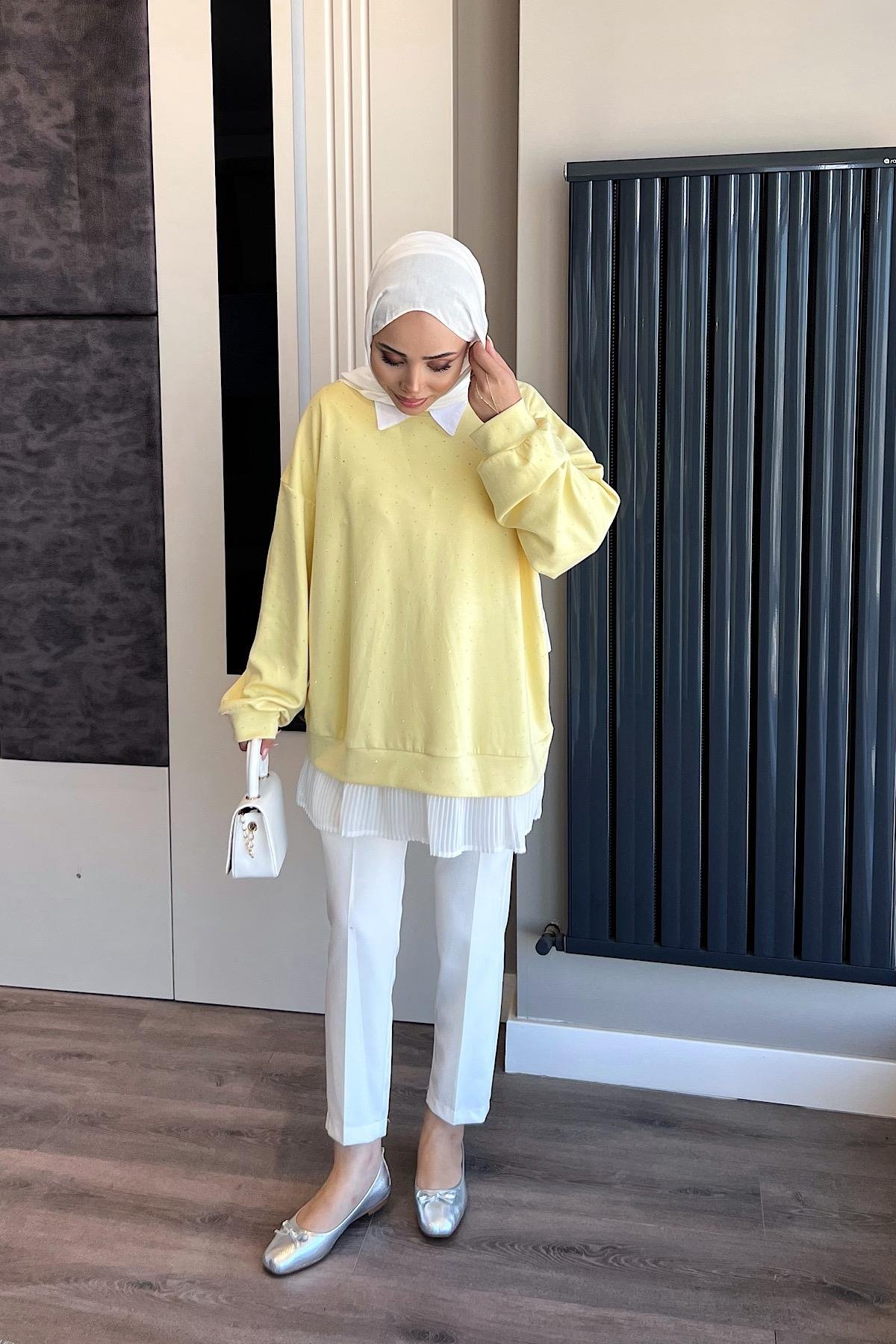 Kendinden Pileli Taşlı Sweat SarıDubaiShowroomSWEAT01069