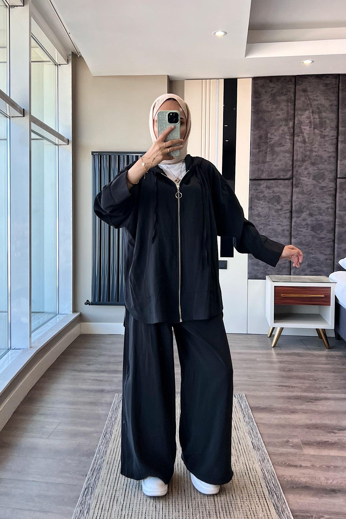 Fermuarlı Kapşonlu Takım SiyahDubaiShowroomTAKIM02323-SYH