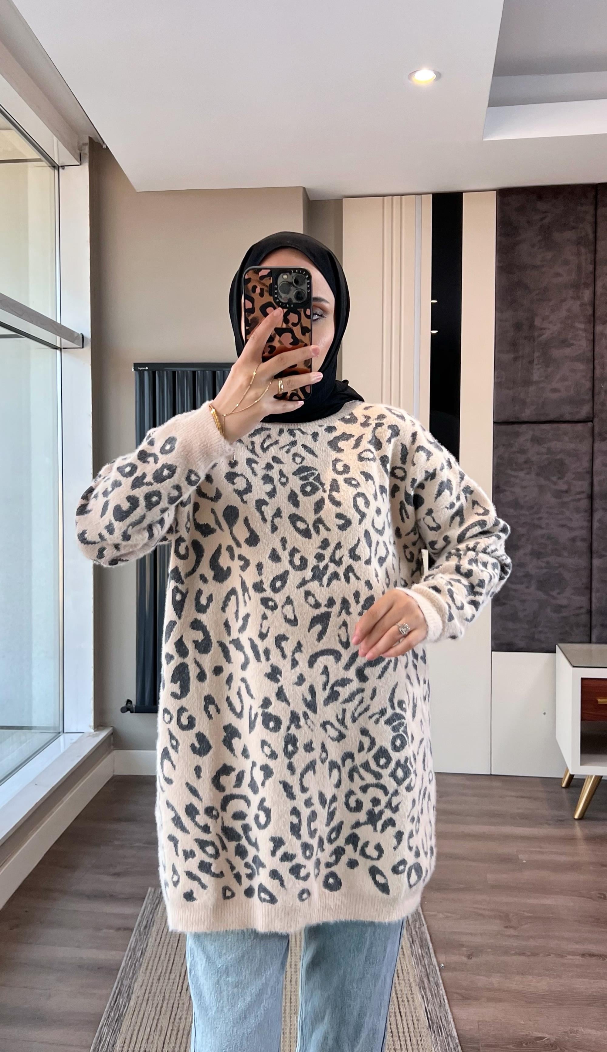 Leopar Yumoş Tunik BejDubaiShowroomÜST GİYİM9718