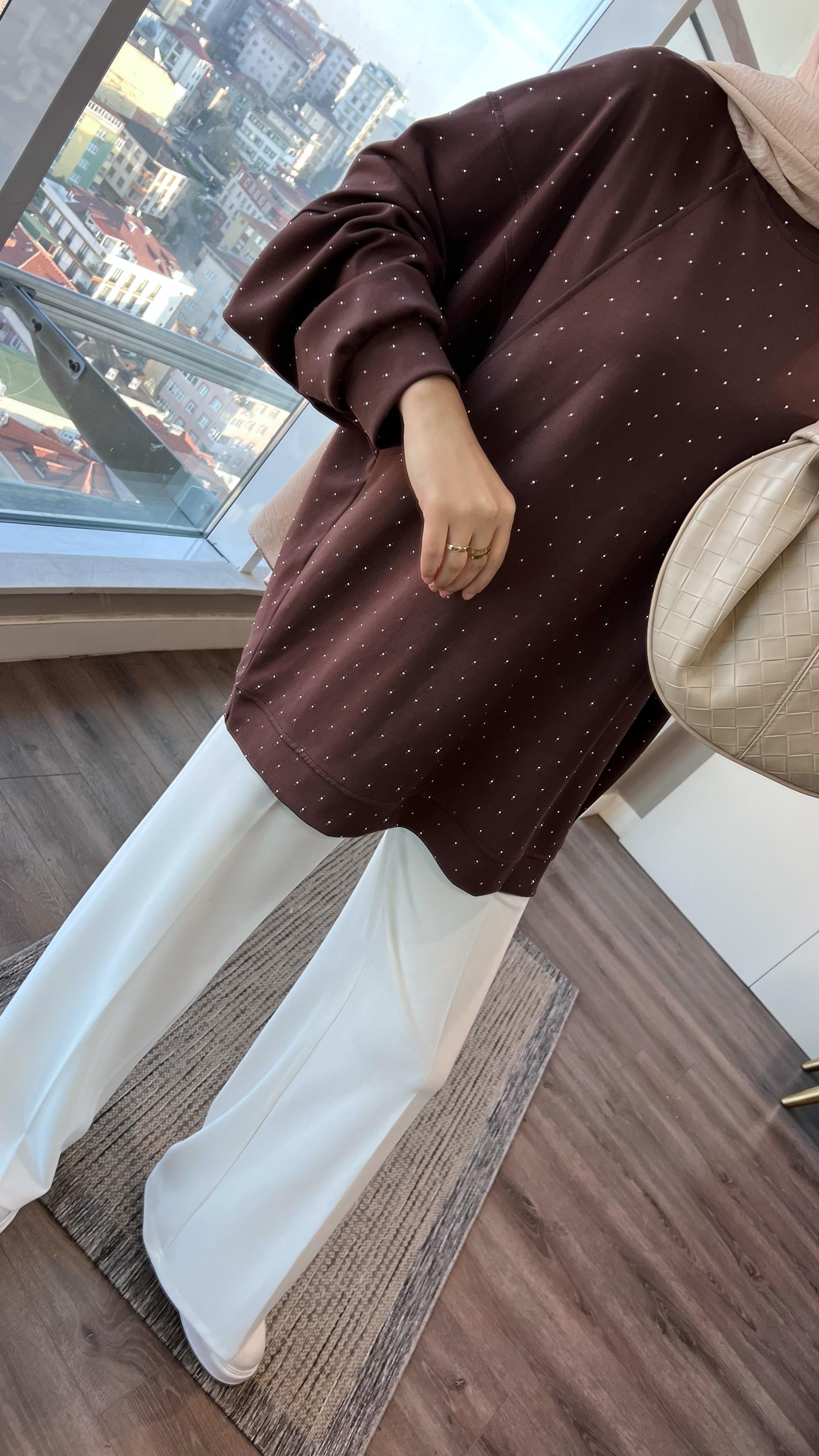Pamuklu Taşlı Sweat Kahverengi DubaiShowroomÜST GİYİM202894