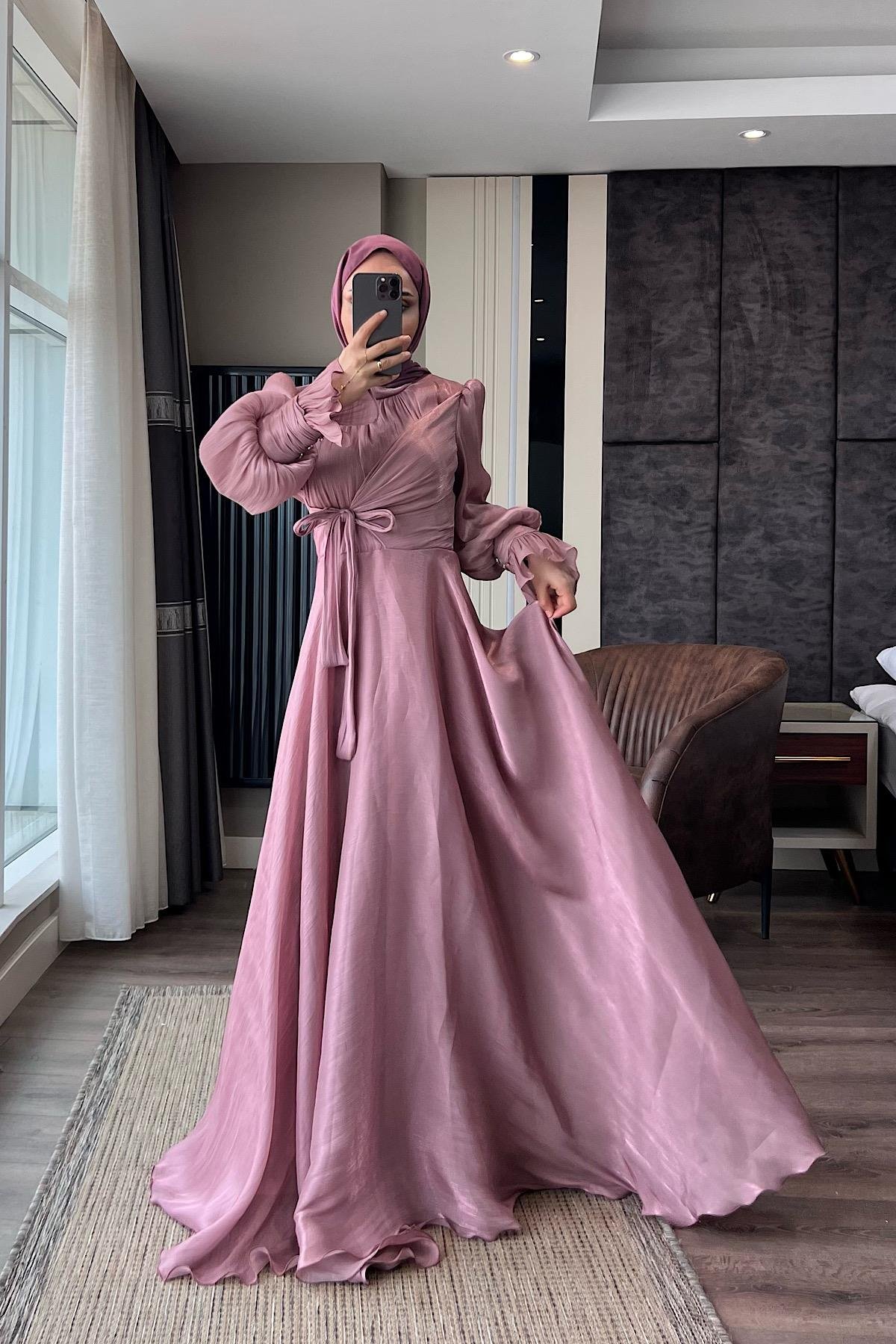 Önü Bağlamalı elbise Gül KurusuDubaiShowroomELBİSELER00994