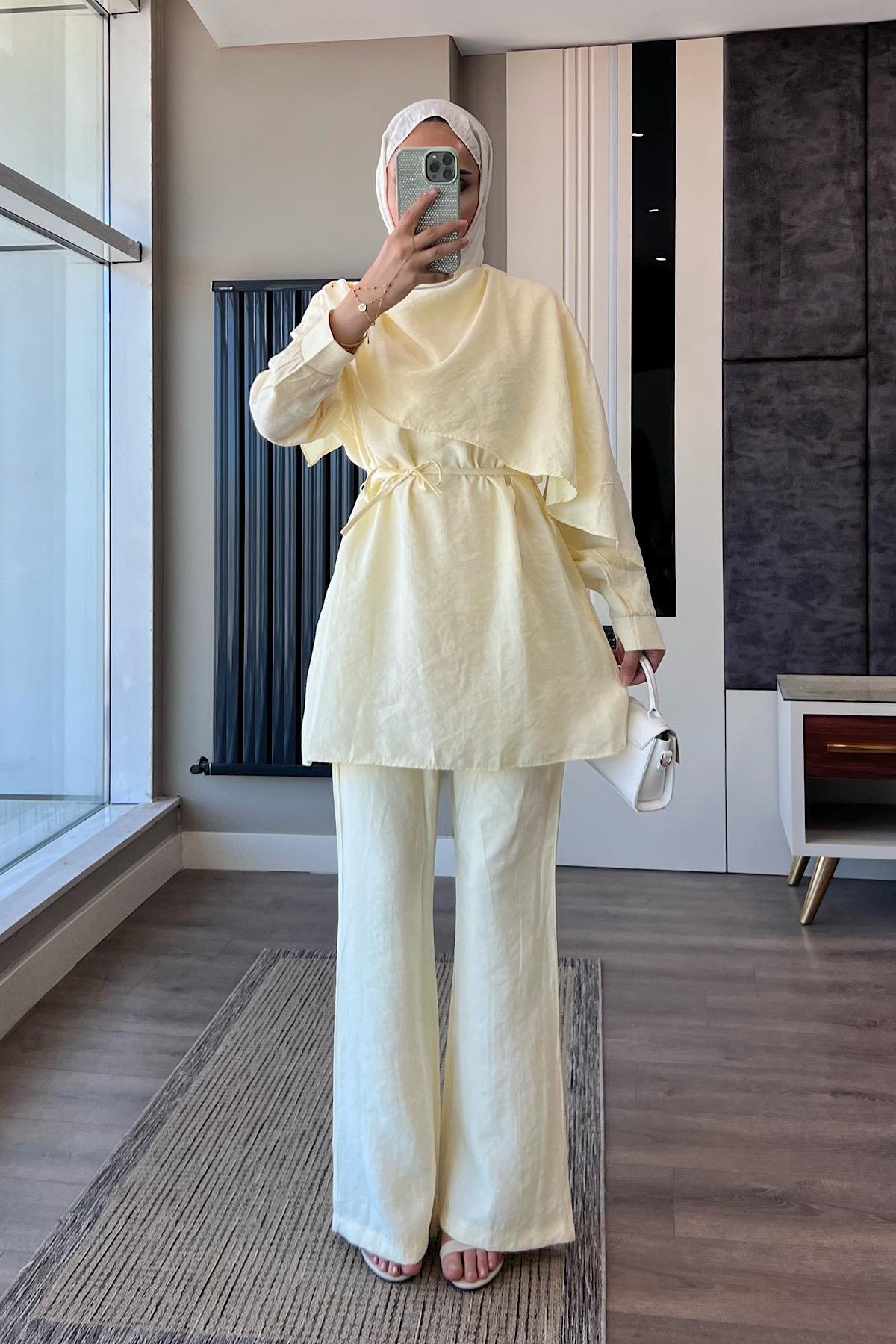 Omuz Şal Atkı Detay Takım SarıDubaiShowroomTAKIM07426-SARI