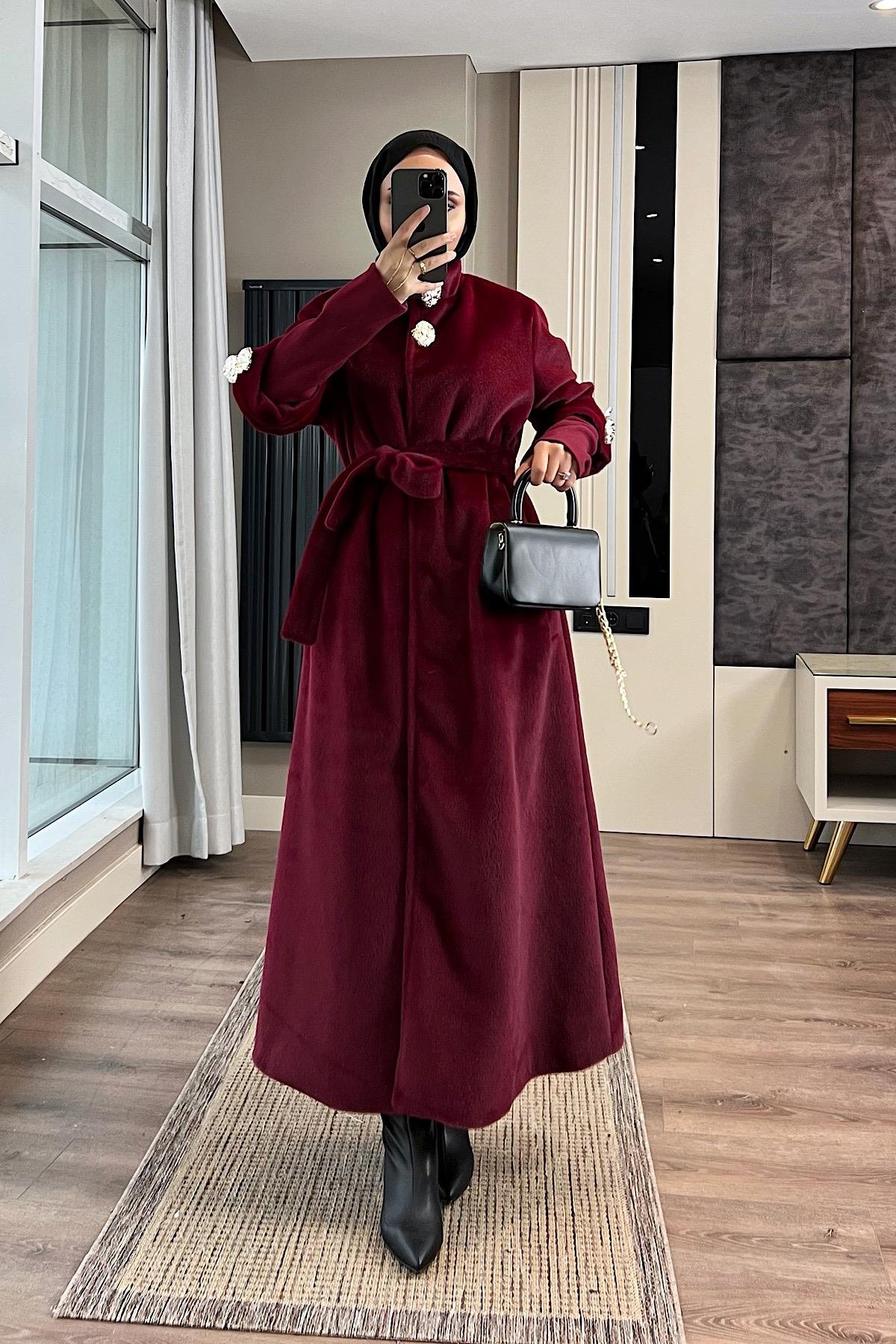Kol Ribanalı Angora Kaban BordoDubaiShowroomDIŞ GİYİM09159