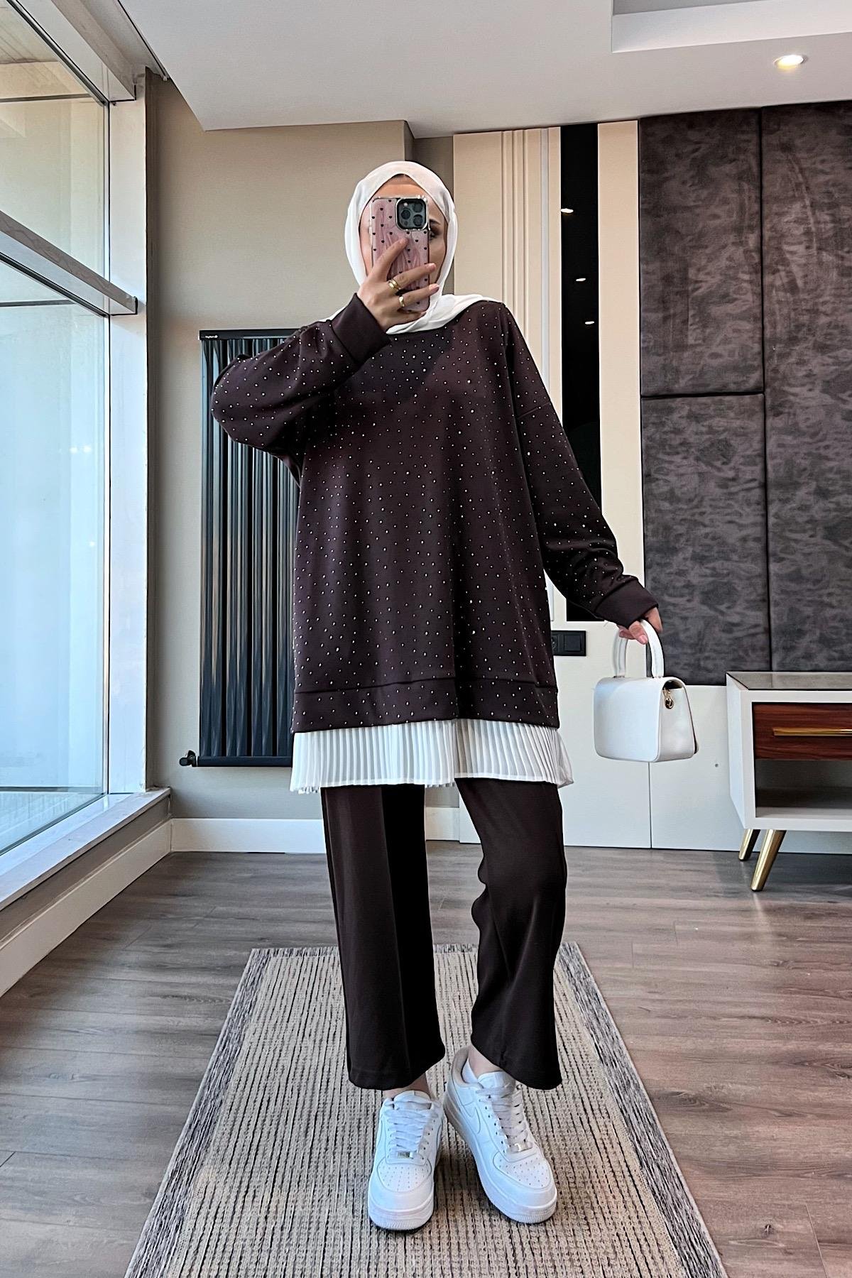 Altı Pileli Üzeri taşlı Takım KahverengiDubaiShowroomTAKIM41654