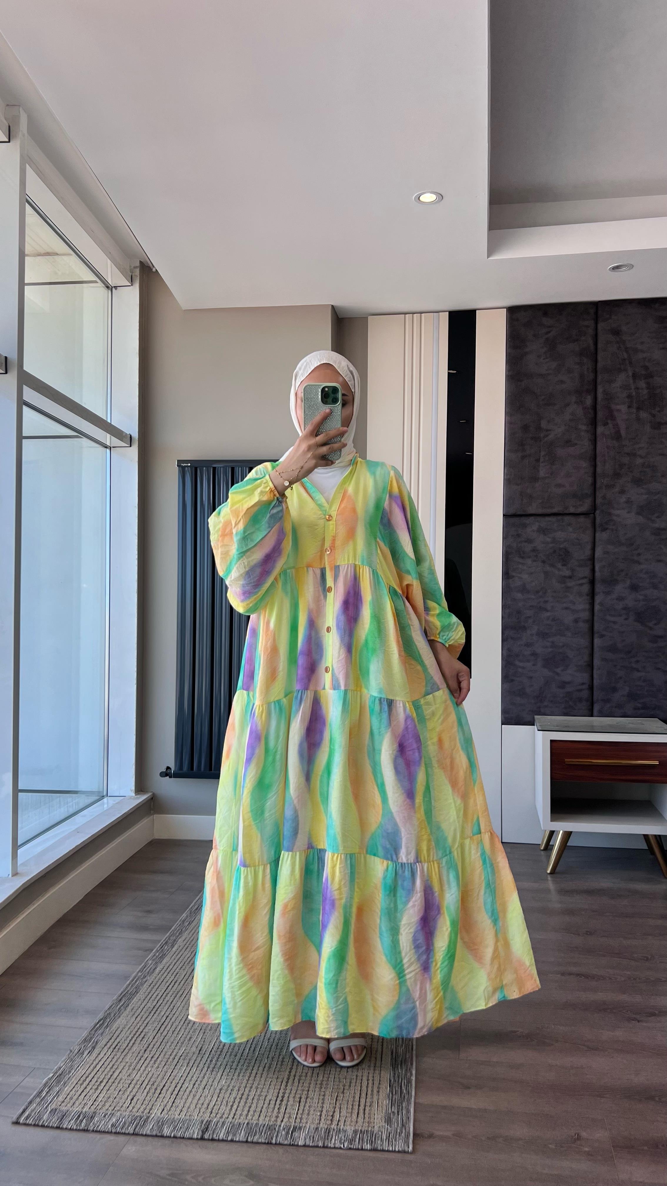 Yarım Patlı Desenli Elbise Sarı-MorDubaiShowroomELBİSELER01551-SARI