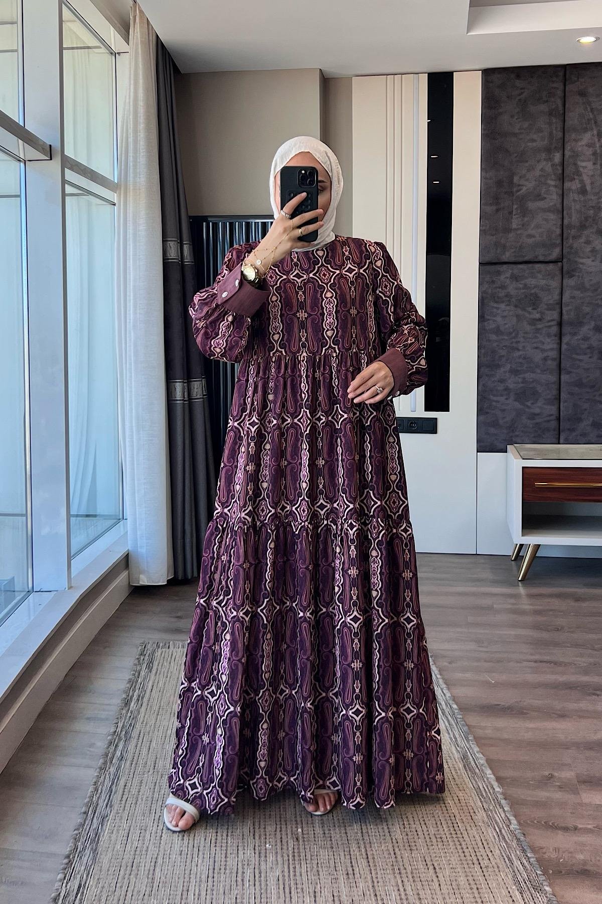 Manşet Detaylı Etnik Desen Elbise DubaiShowroomELBİSELER02035