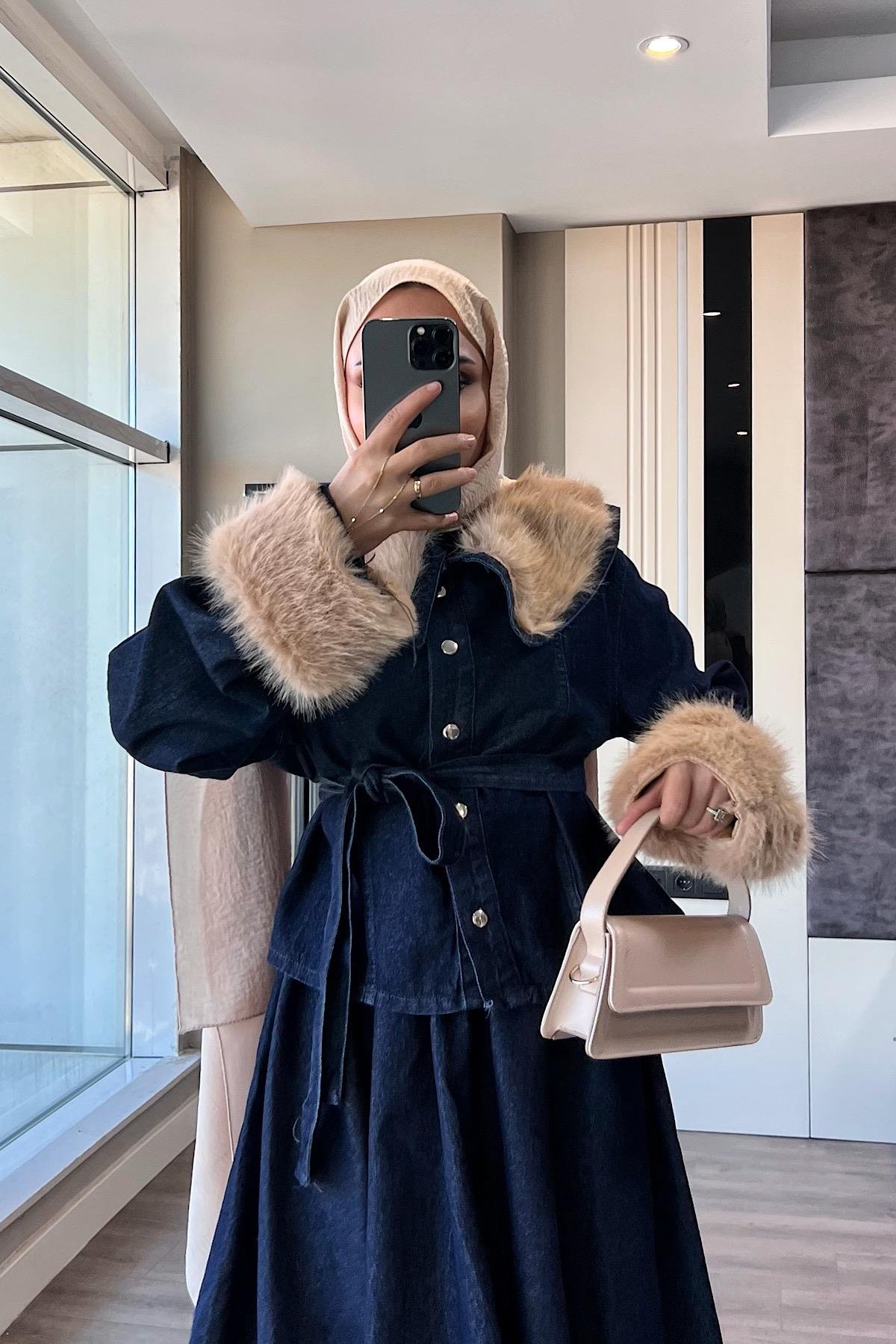 Manşet Kürk Detay Denim Takım Koyu KotDubaiShowroomTAKIM41478