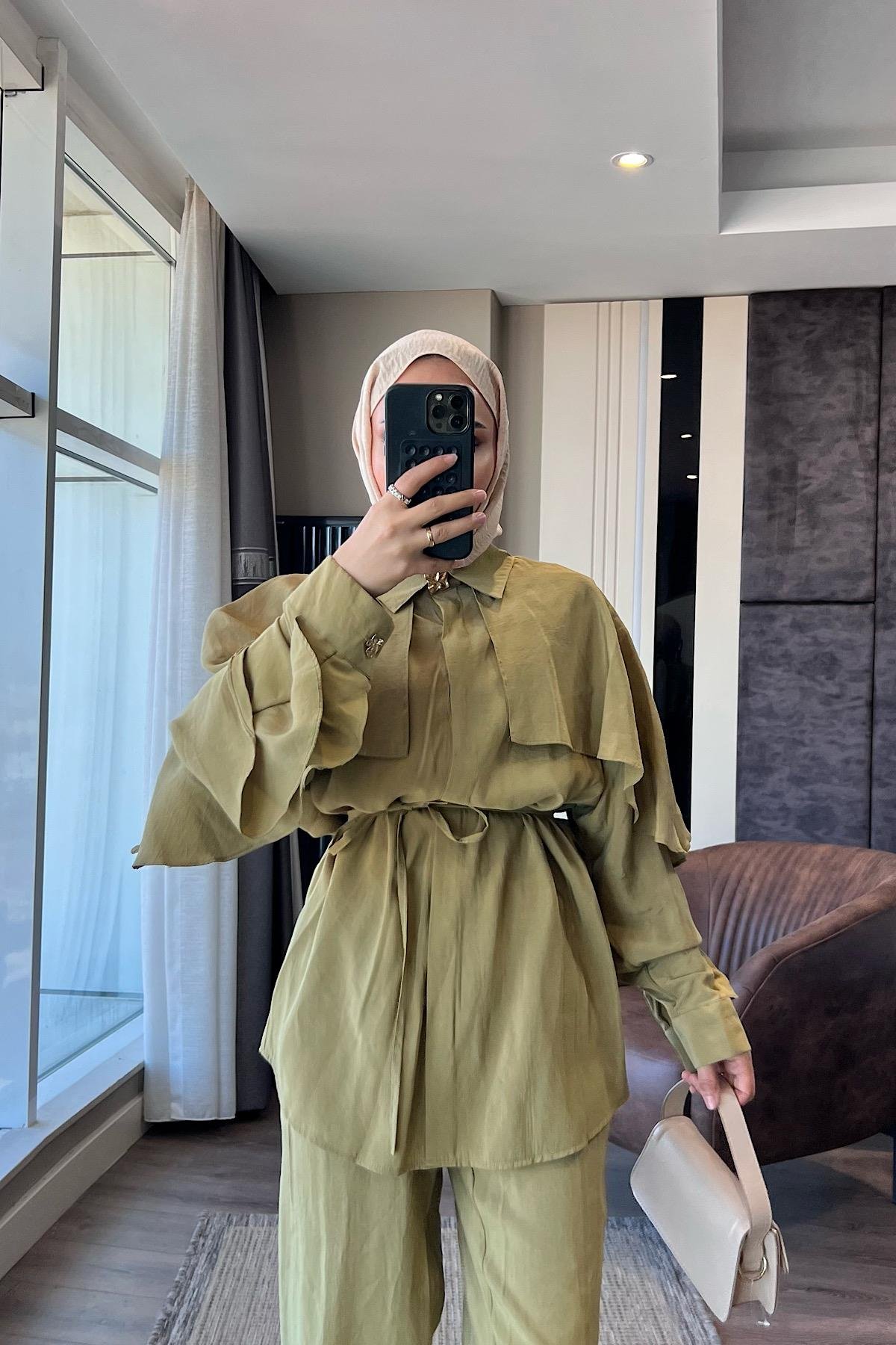 Kolları fırfırlı Takım Yağ yeşili DubaiShowroomTAKIM22729