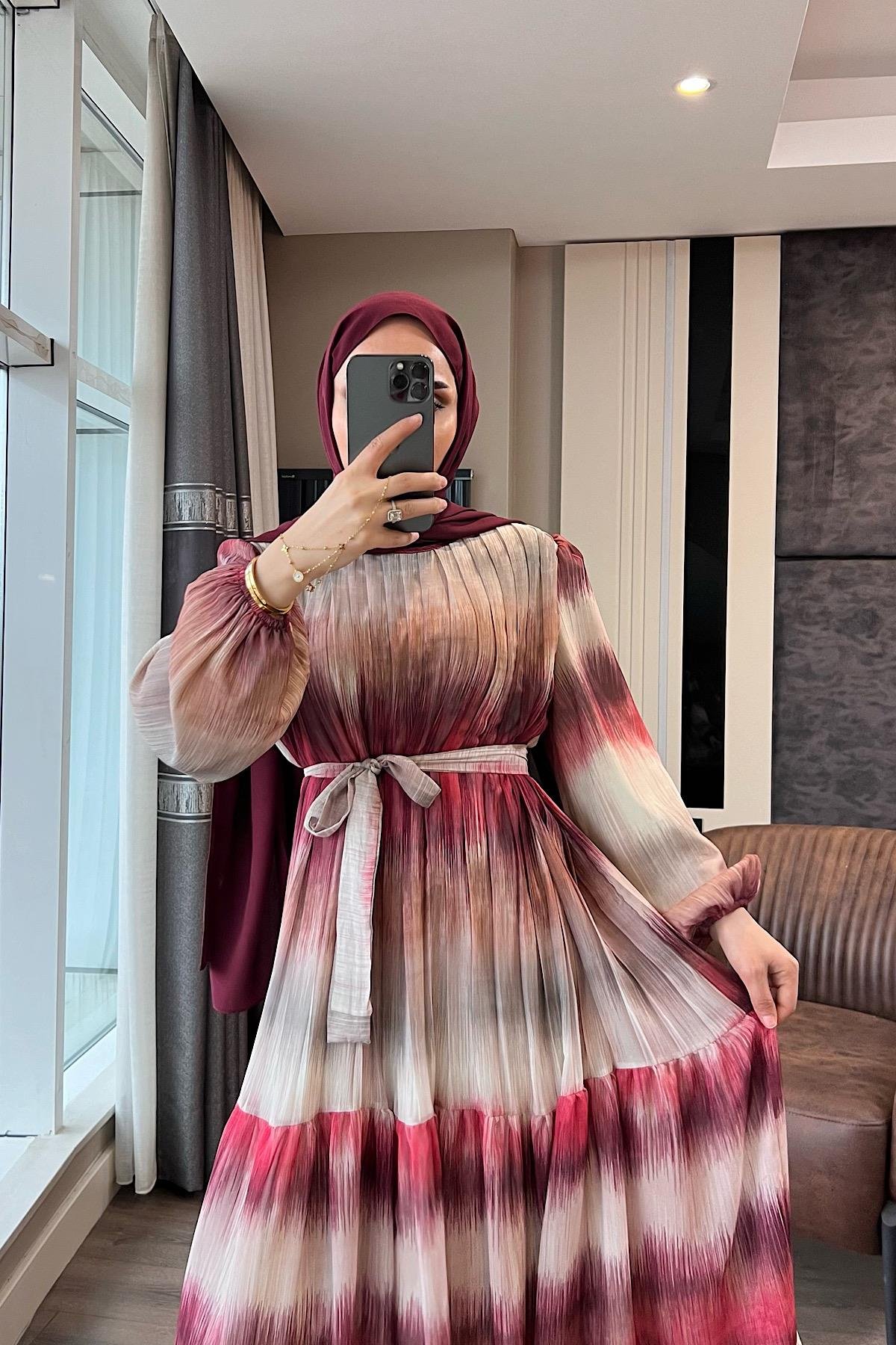 Desenli Şifon Elbise Bordo