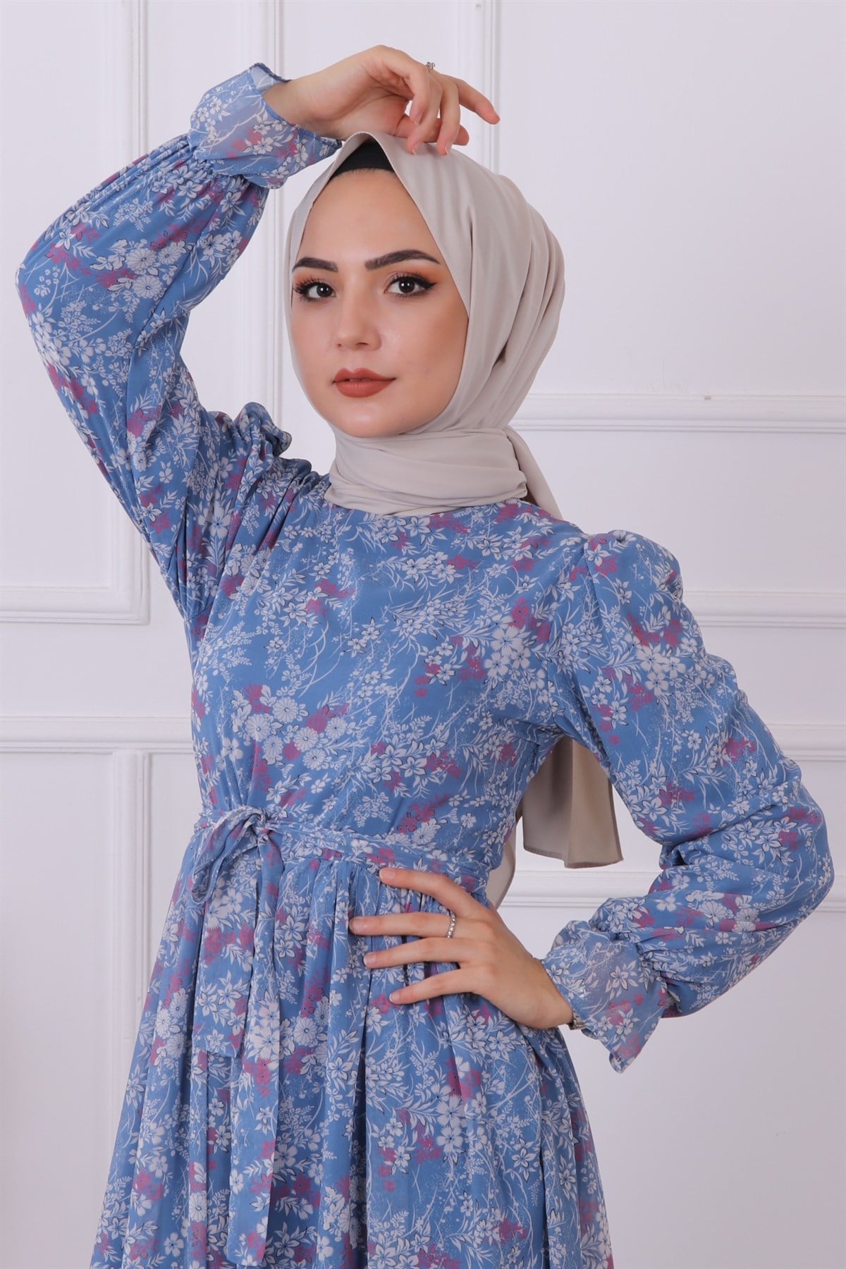 DESENLİ ŞİFON ELBİSE MAVİ