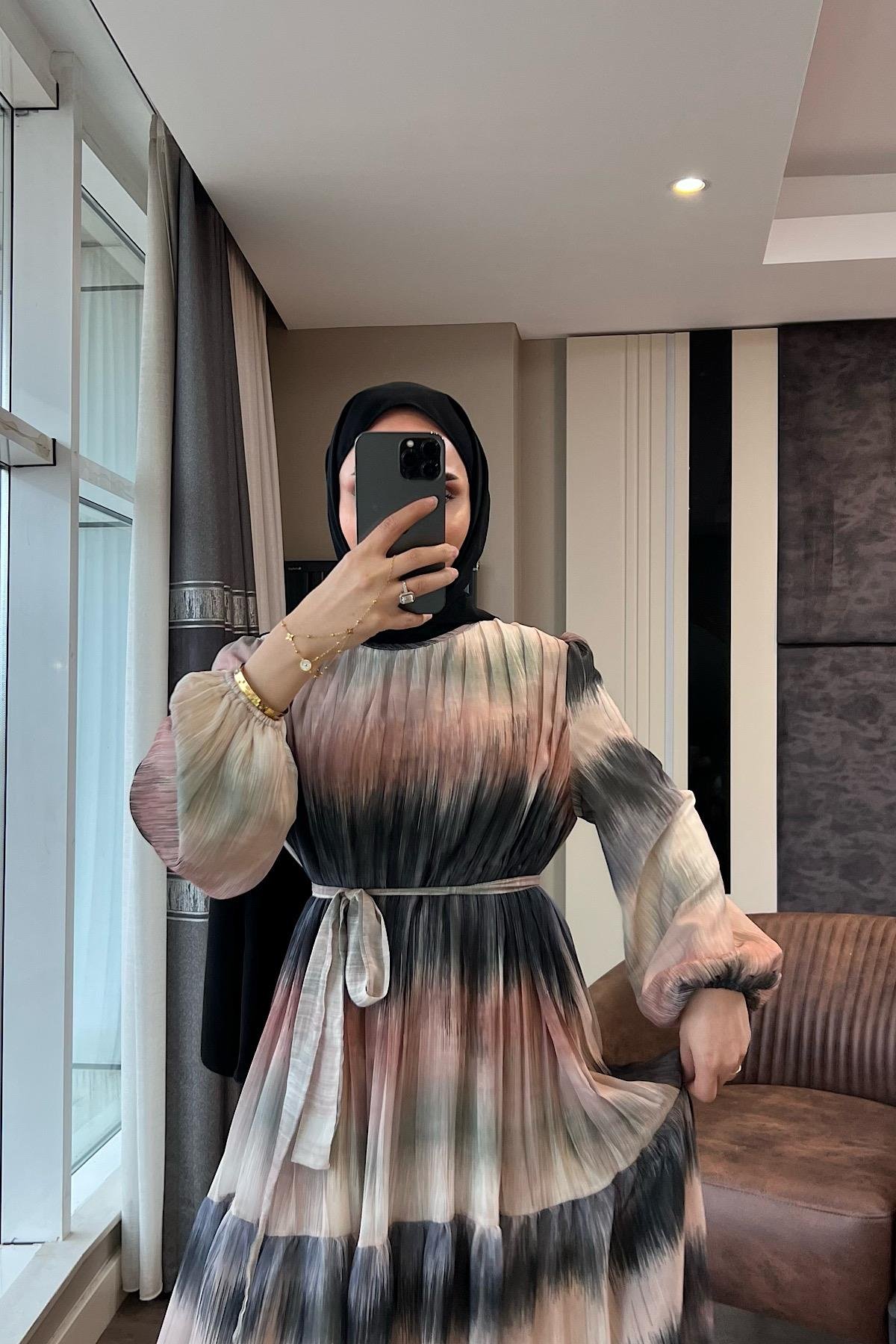 Desenli Şifon Elbise siyah