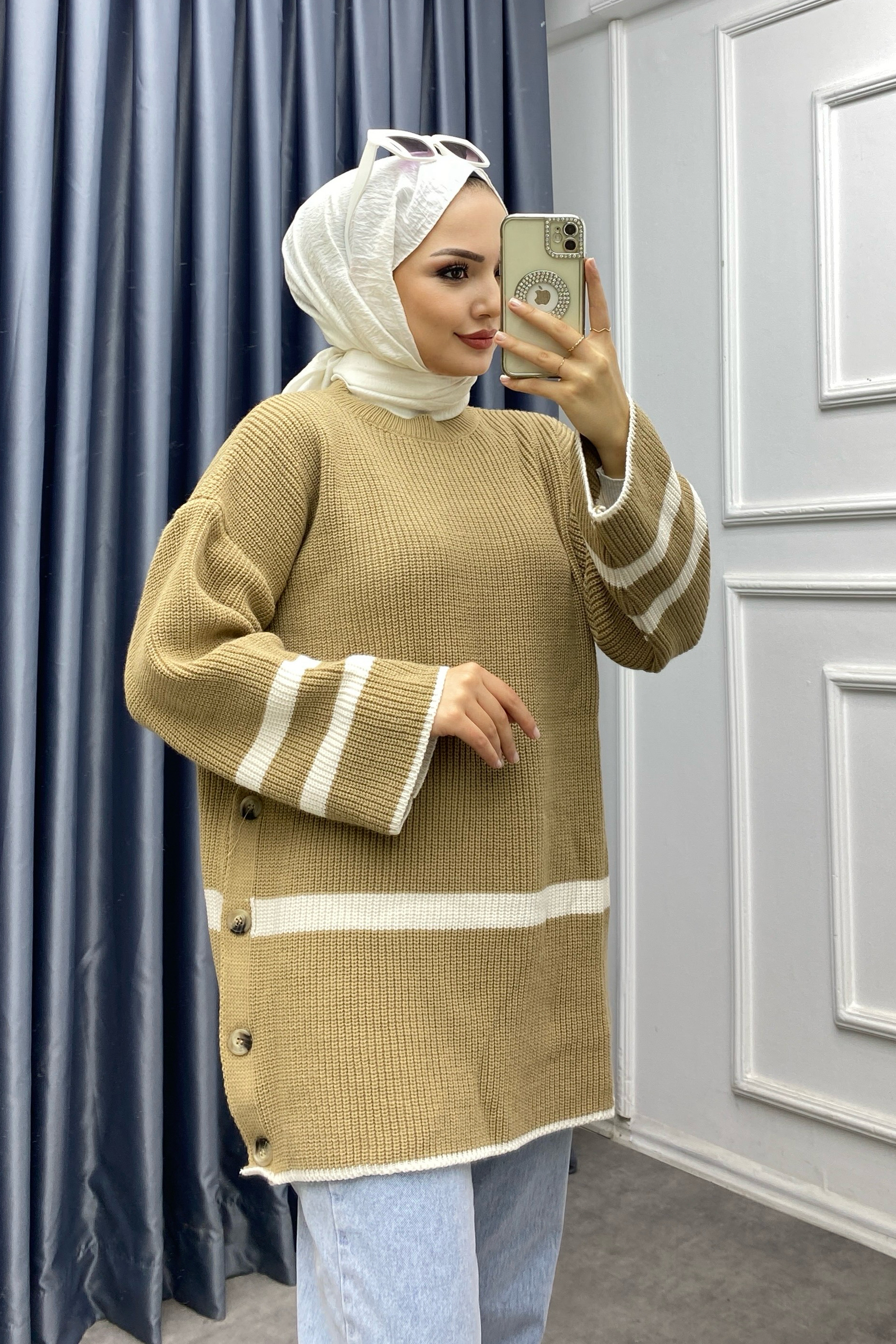 Düğme Detaylı triko tunik Camel
