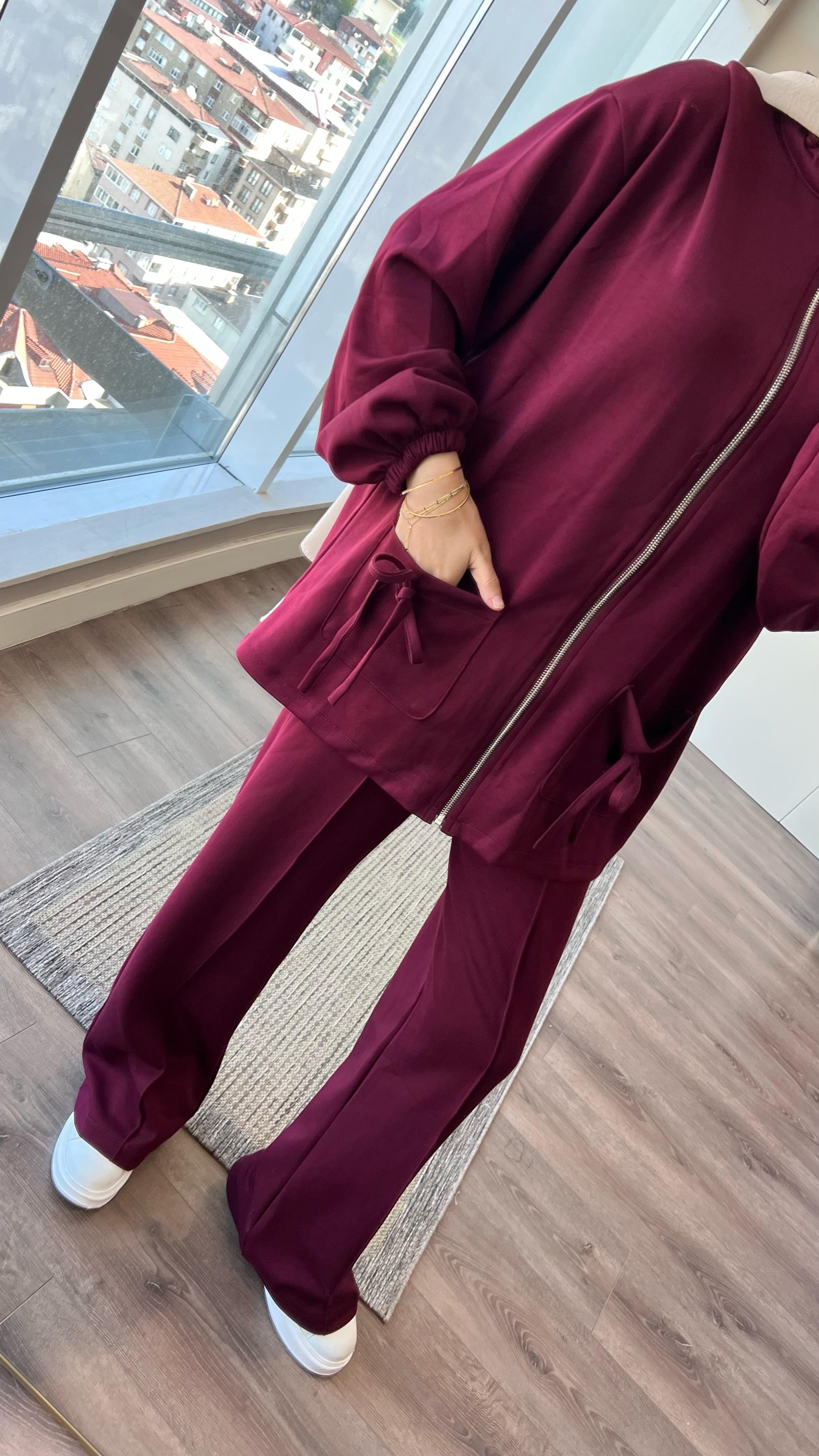 Cep Üstü Fiyonklu Oysho Takım BordoDubaiShowroomTAKIM29144