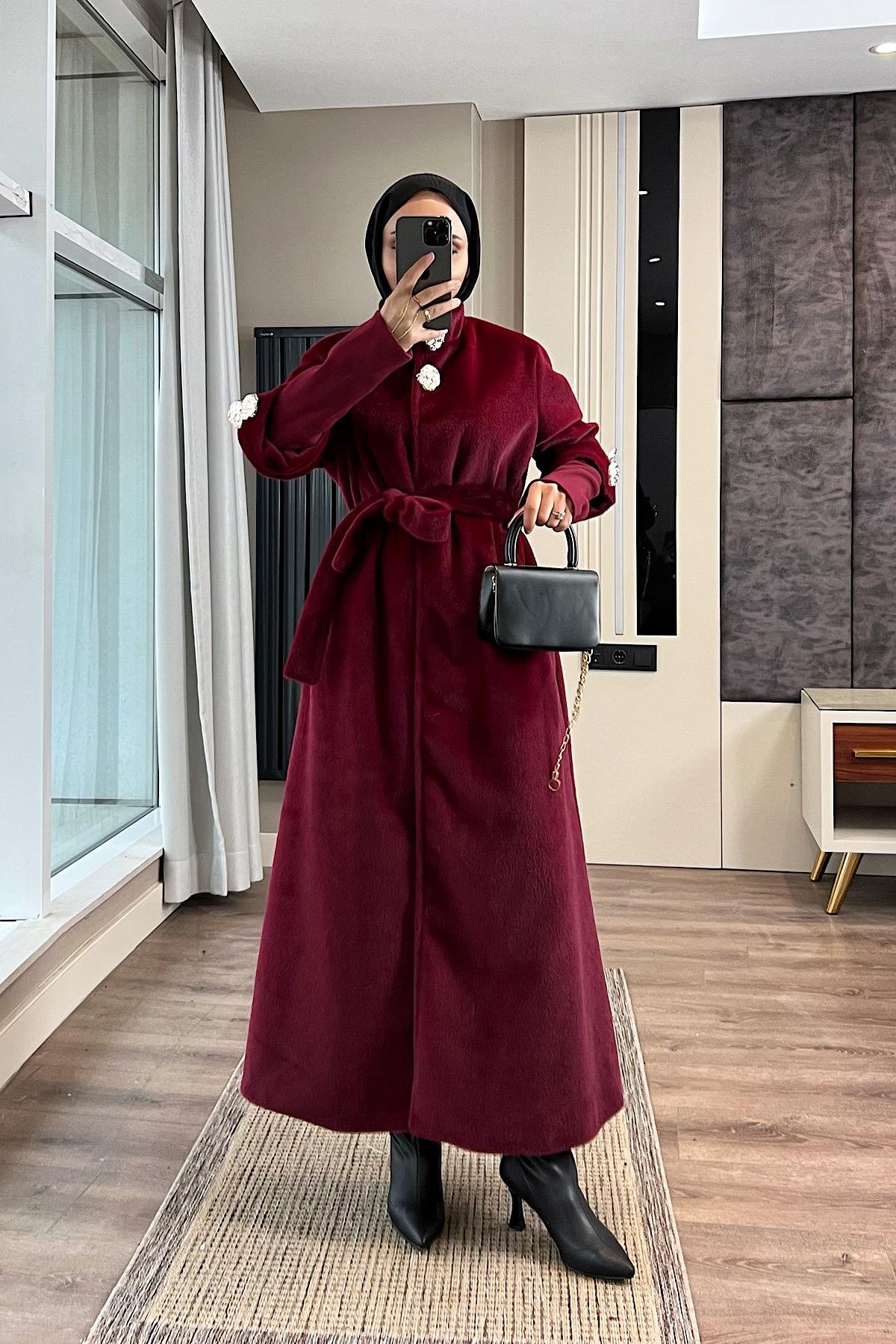 Kol Ribanalı Angora Kaban BordoDubaiShowroomDIŞ GİYİM09159
