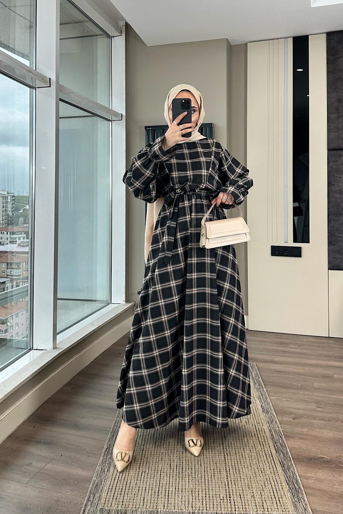Ekose Desen Elbise SiyahDubaiShowroomELBİSELER01180