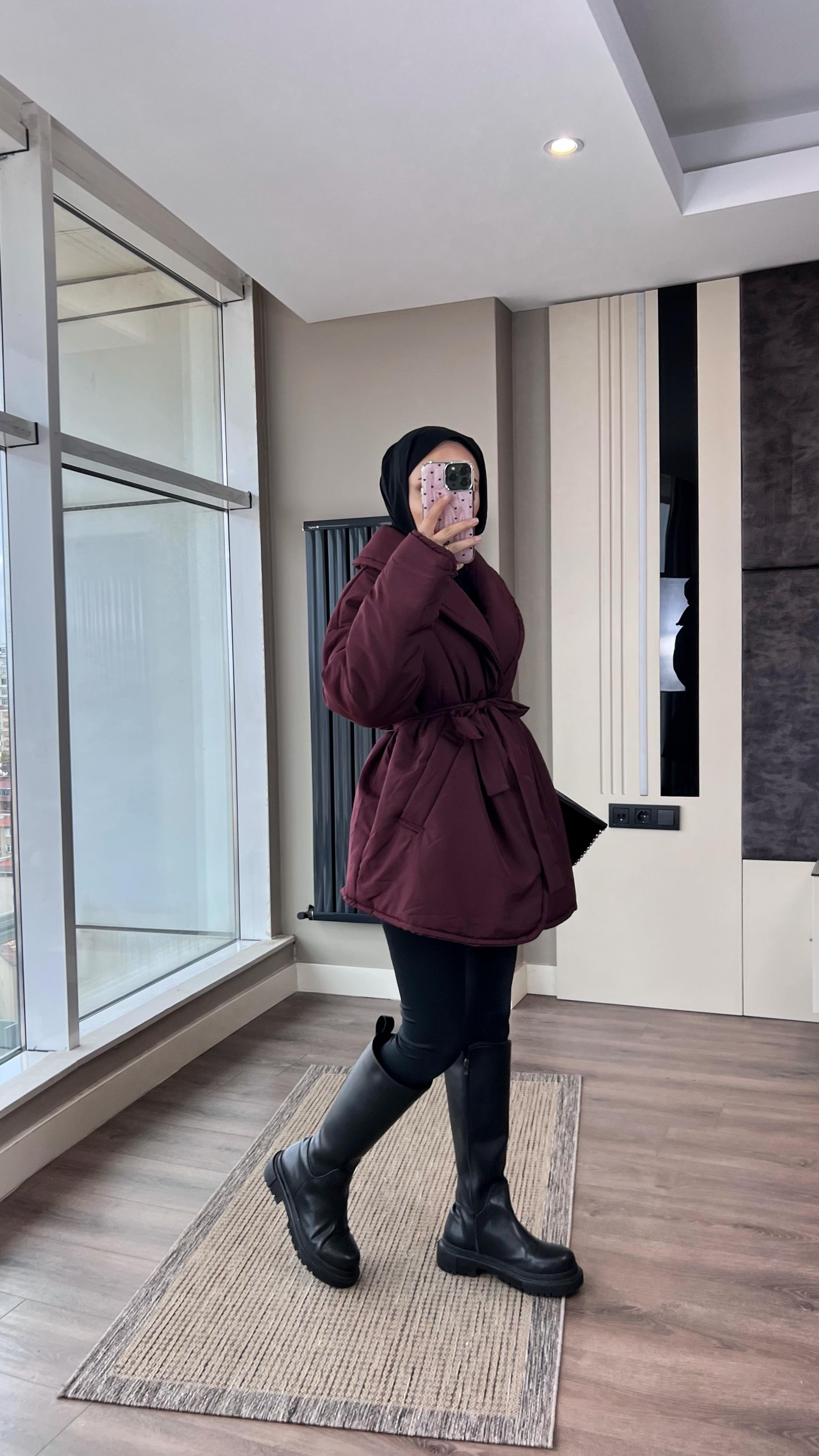 Düz Kuşaklı Şişme Mont BordoDubaiShowroomDIŞ GİYİM05912