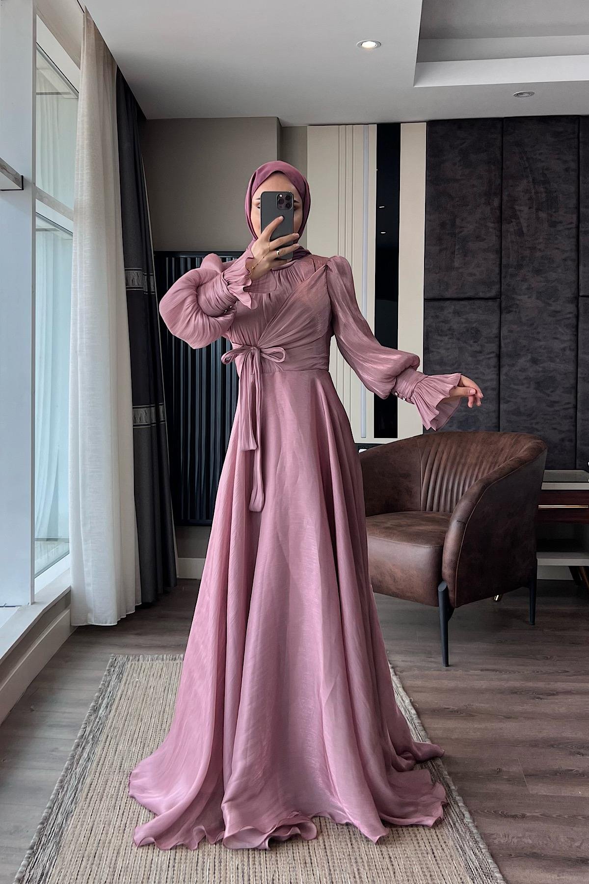 Önü Bağlamalı elbise Gül KurusuDubaiShowroomELBİSELER00994