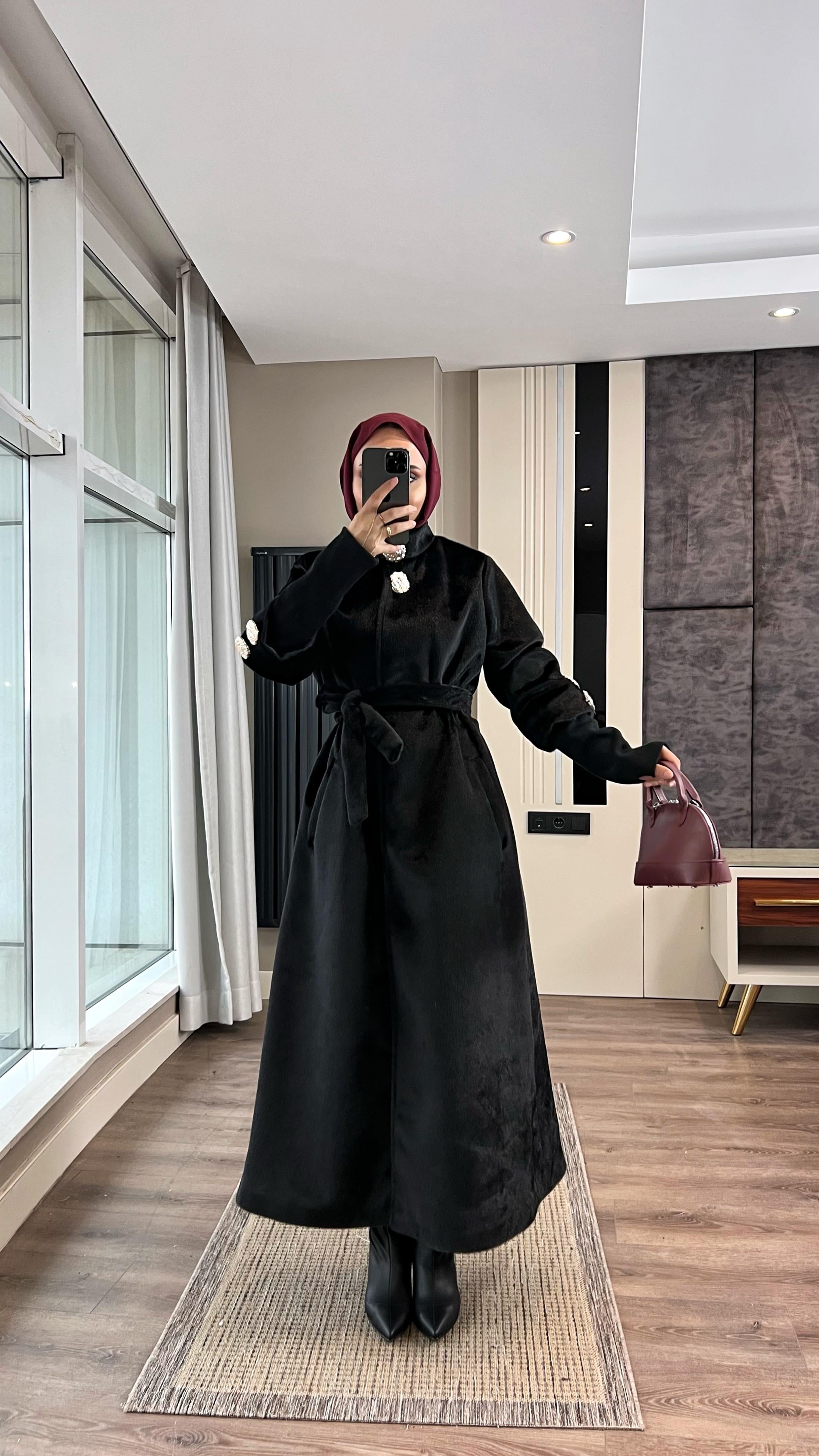 Kol Ribanalı Angora Kaban SiyahDubaiShowroomDIŞ GİYİM09159