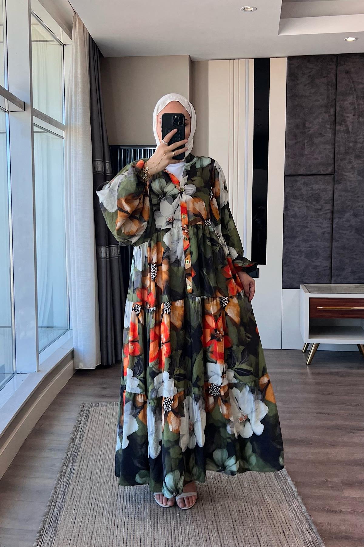 Çiçek desenli yarım patlı elbise YeşilDubaiShowroomELBİSELER01551