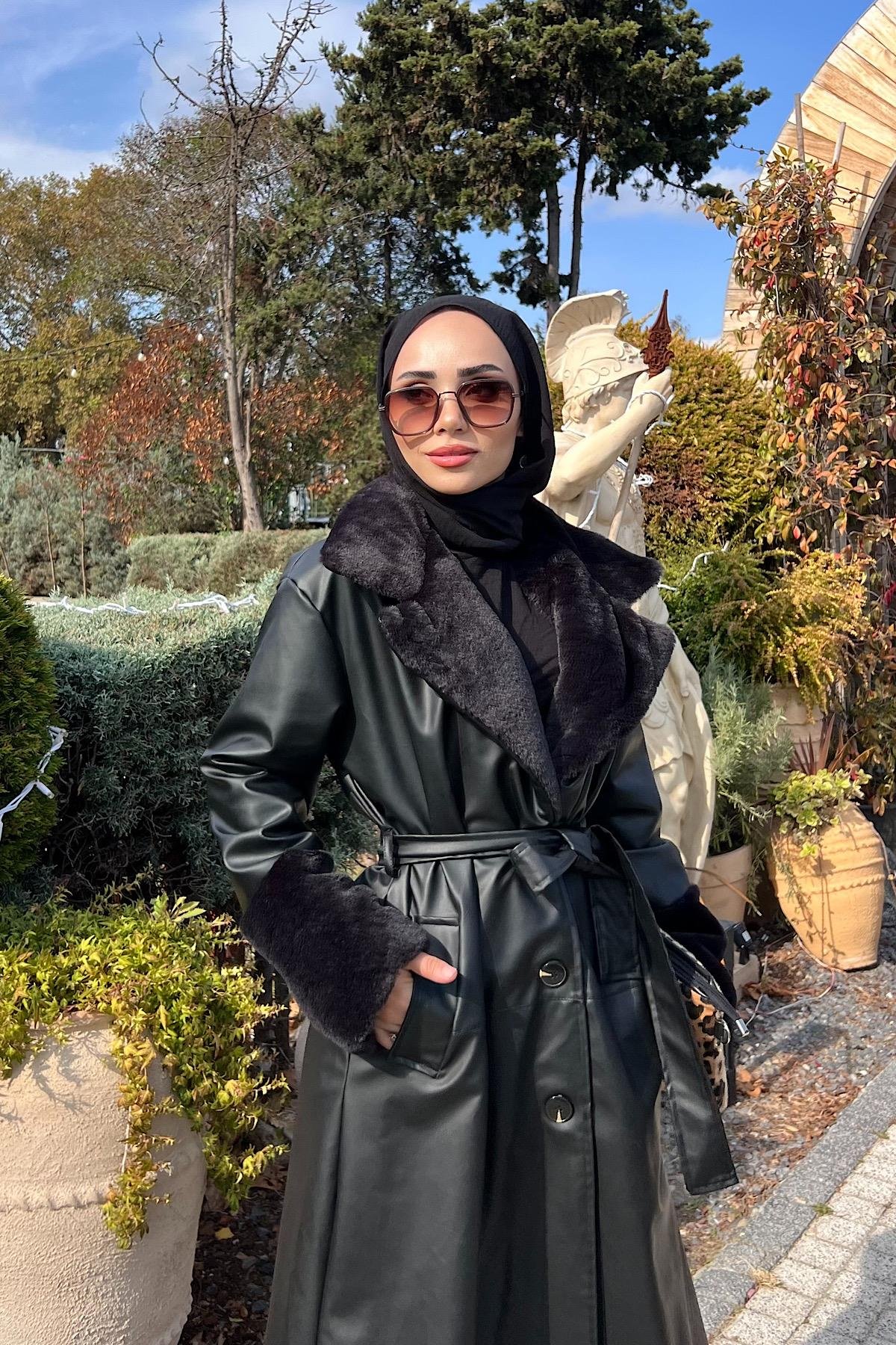 Yakası Kürklü Deri Trenç SiyahDubaiShowroomDIŞ GİYİM00995