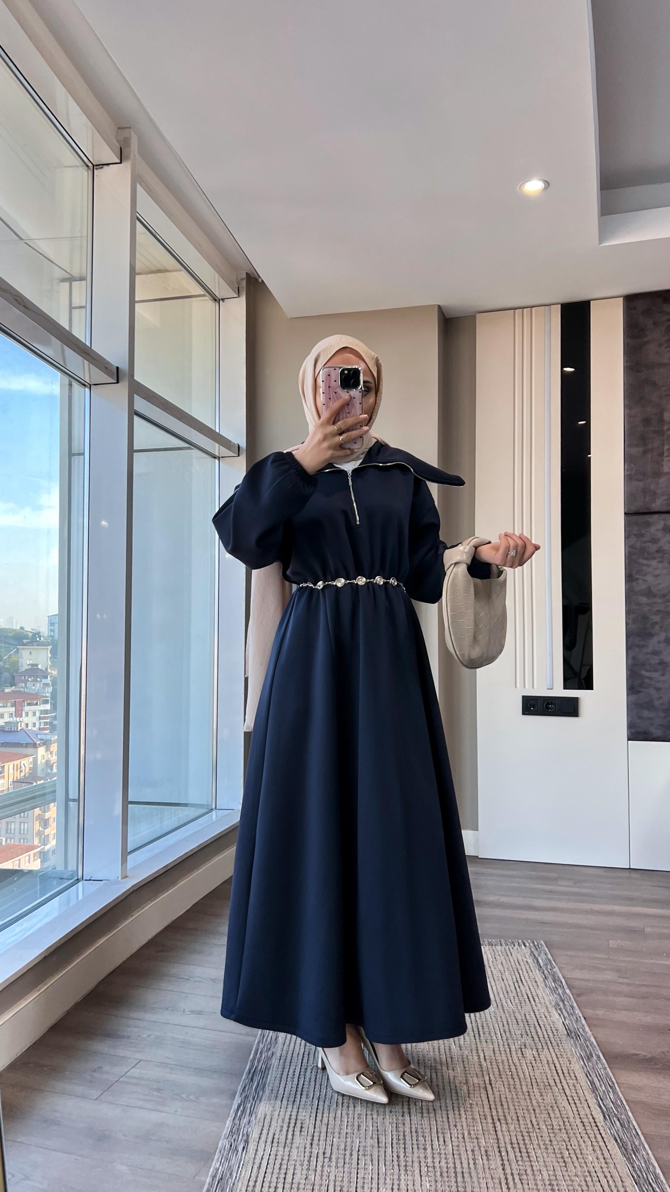 Yakası Geniş Skuba Elbise LacivertDubaiShowroomELBİSELER01053