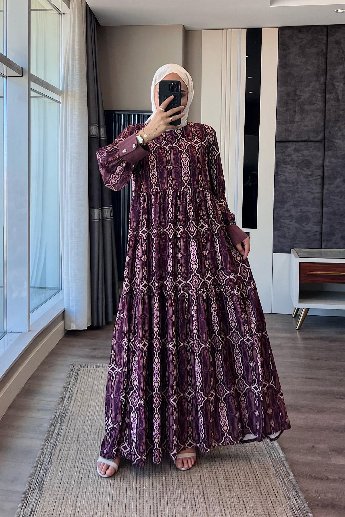 Manşet Detaylı Etnik Desen Elbise DubaiShowroomELBİSELER02035