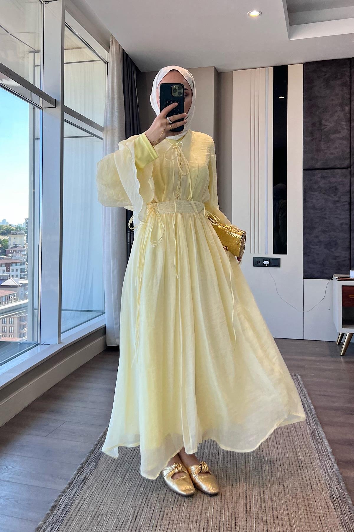 Örgü Yaka Etekli Takım SarıDubaiShowroomTAKIM02309-SARI