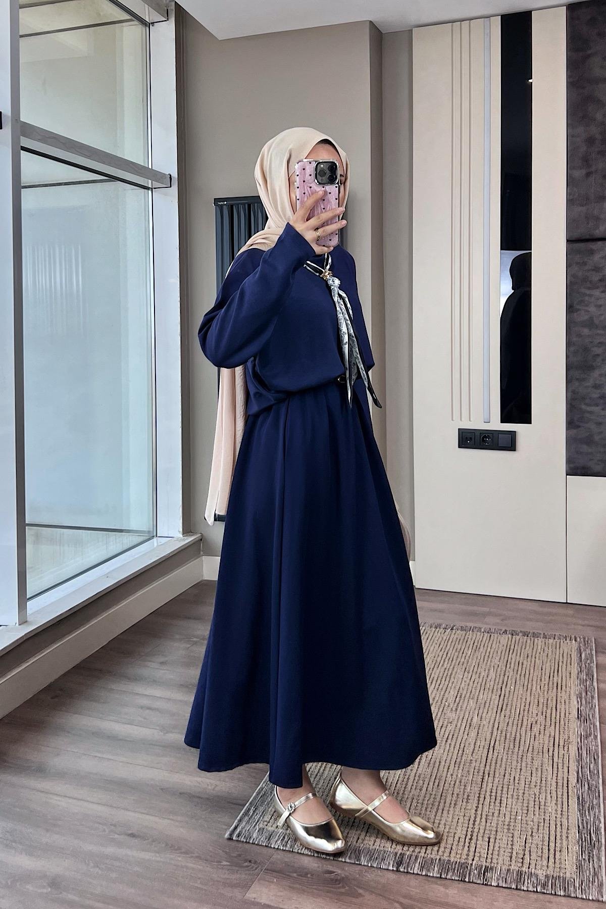 Cepli Beli Lastikli Etek Lacivert DubaiShowroomALT GİYİM70048