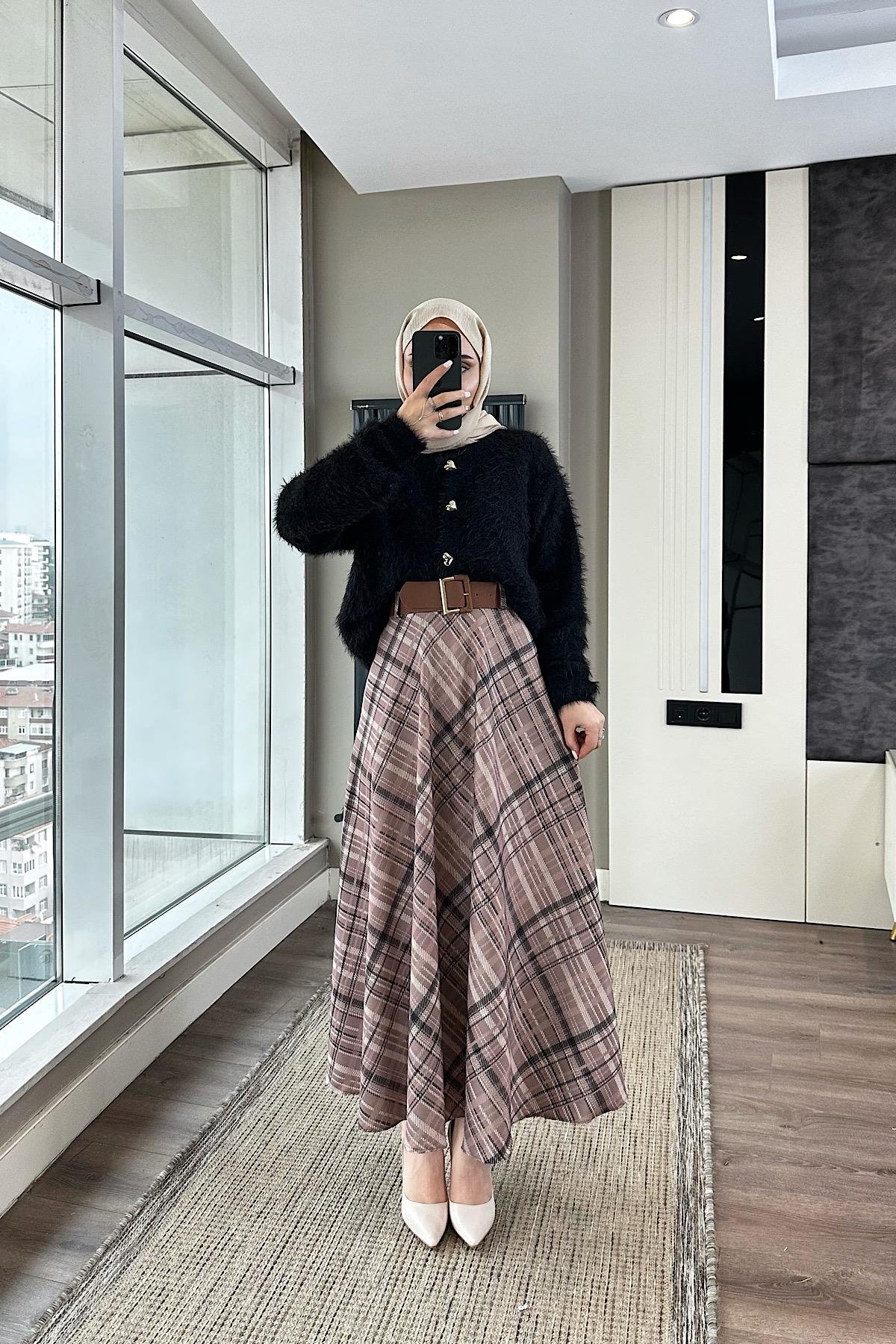 Kemerli Etek KremDubaiShowroomALT GİYİM54678