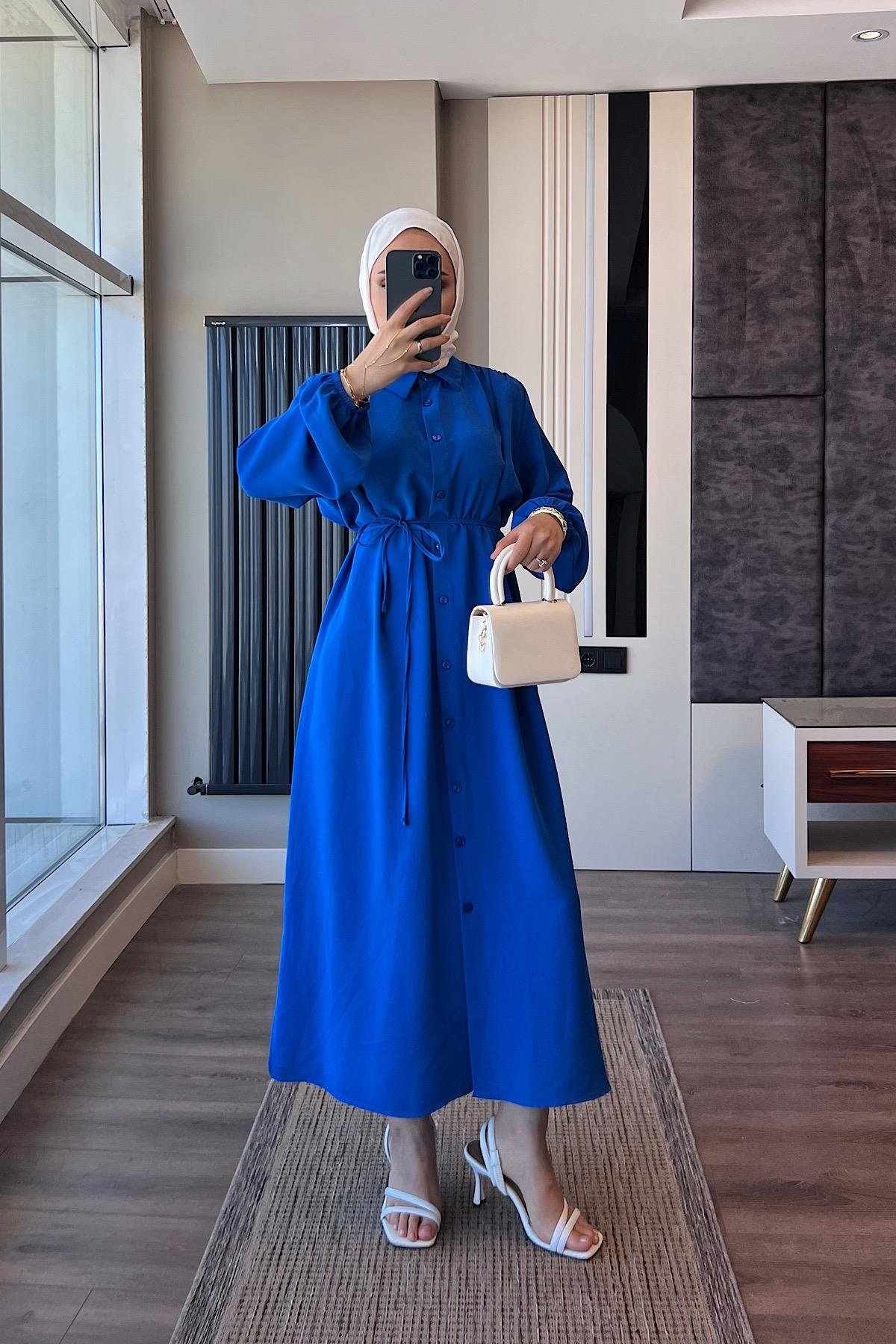 Omuz Pile Detay Düğmeli Tunik Saks MavisiDubaiShowroomÜST GİYİM05584-sksmav