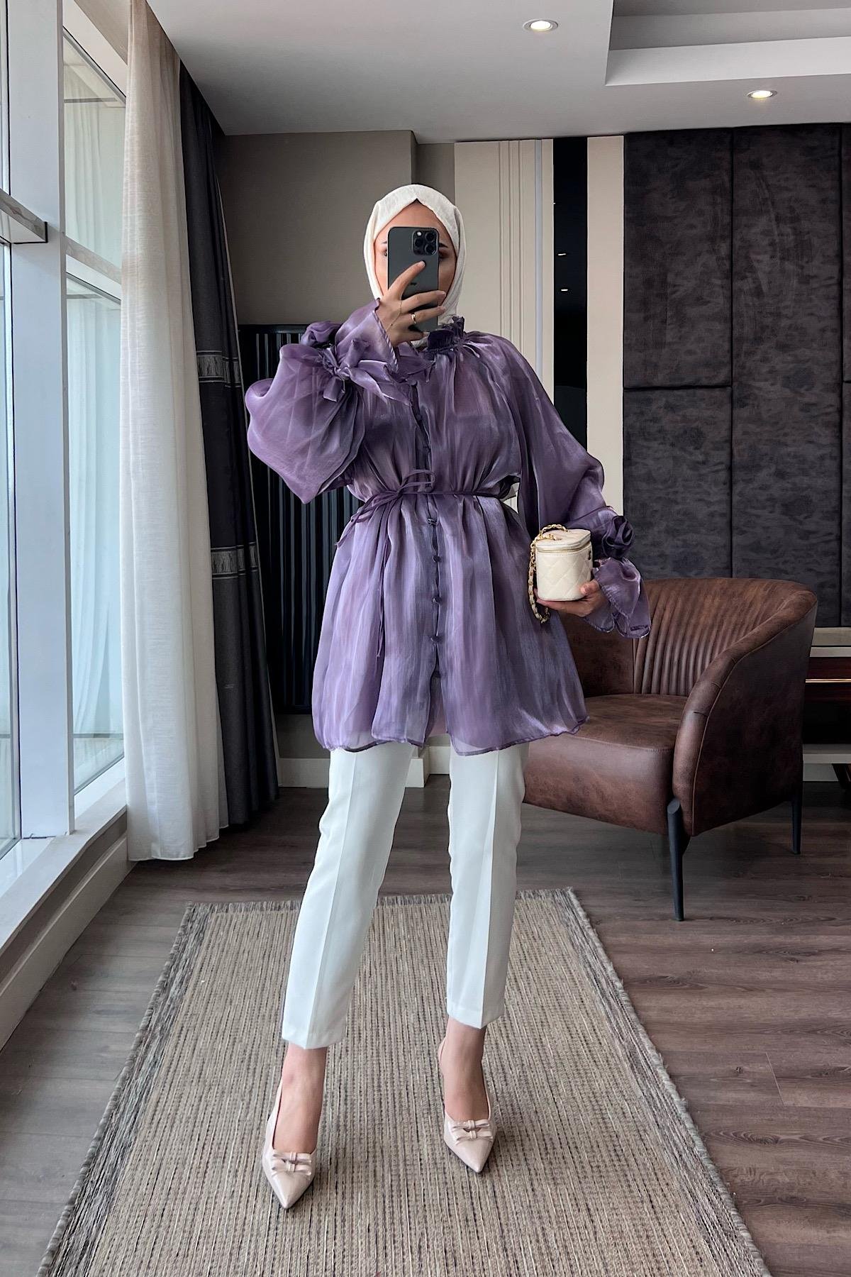 Organze Gül Detaylı Tunik LilaDubaiShowroomÜST GİYİM8971