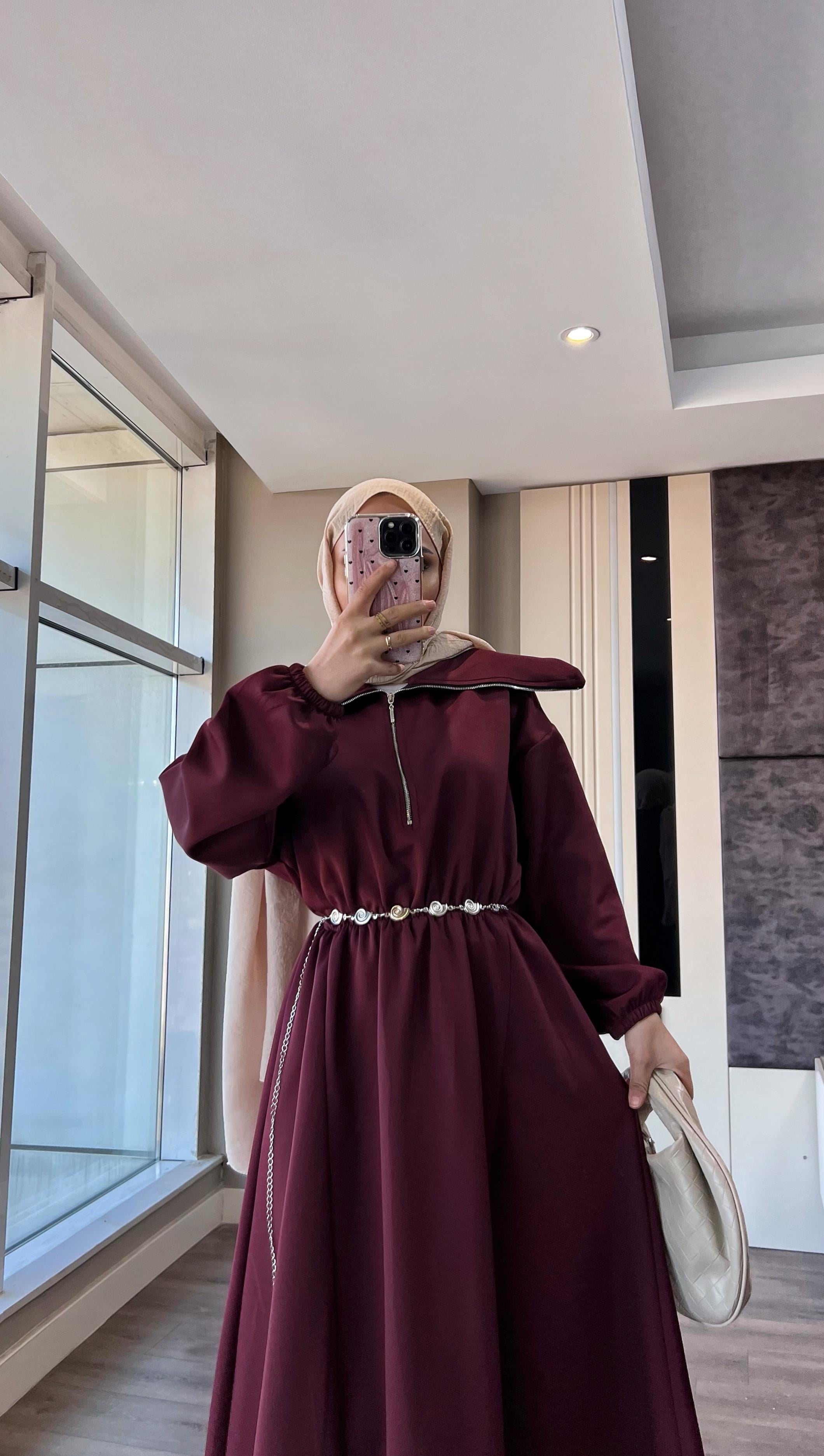 Yakası Geniş Skuba Elbise BordoDubaiShowroomELBİSELER01053