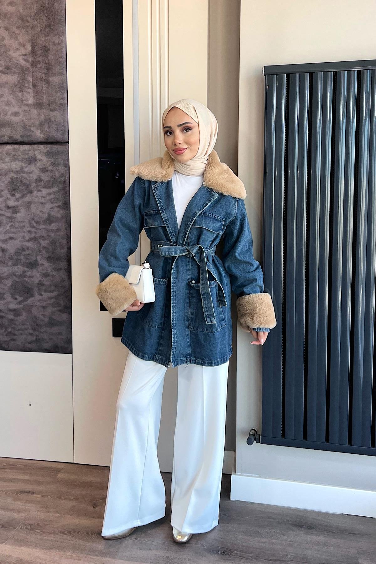 Seyyar Kürk Detaylı Kot Ceket DubaiShowroomDIŞ GİYİM81185