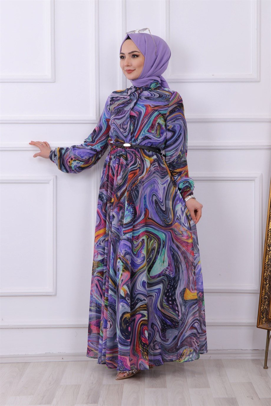 EBRU DESEN ELBİSE MOR