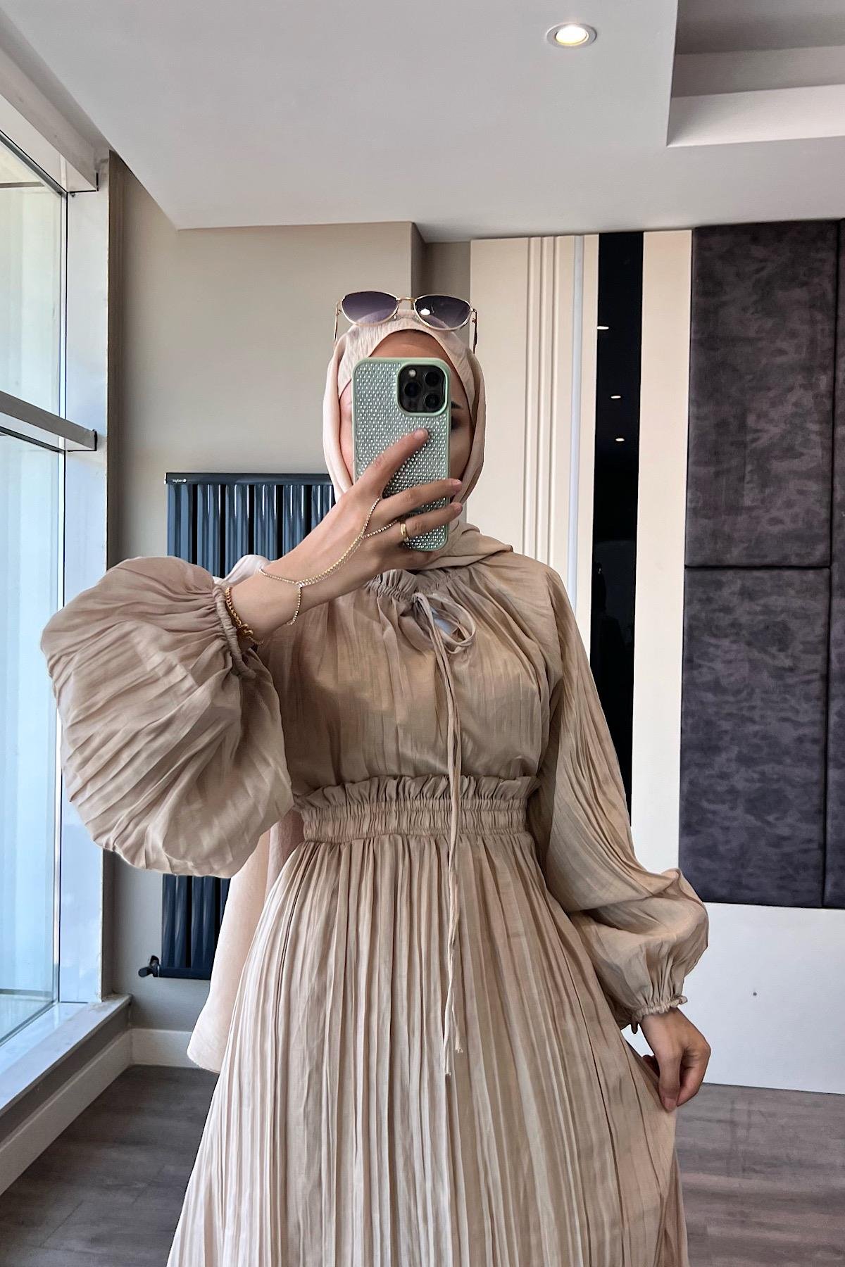 Kraşlı Vual Etekli Takım VizonDubaiShowroomTAKIM02326-VZN