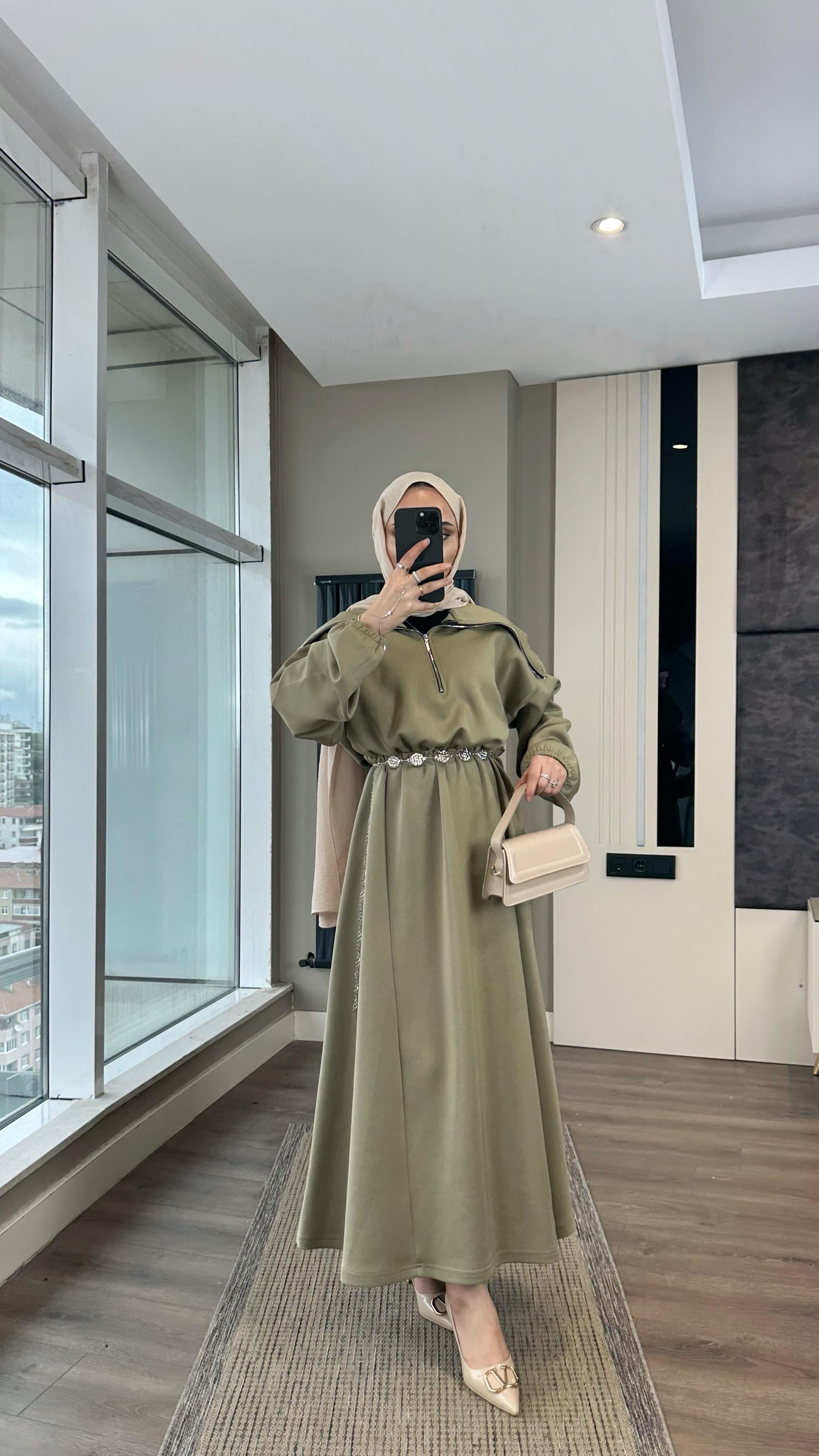 Yakası Geniş Skuba Elbise YeşilDubaiShowroomELBİSELER01053