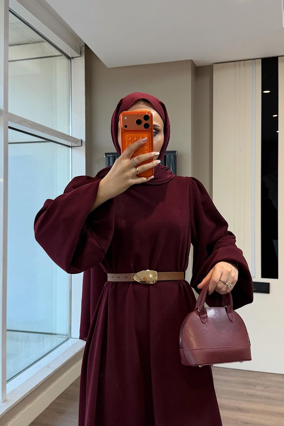 Kemerli Balon Kol Elbise BordoDubaiShowroomELBİSELER01151