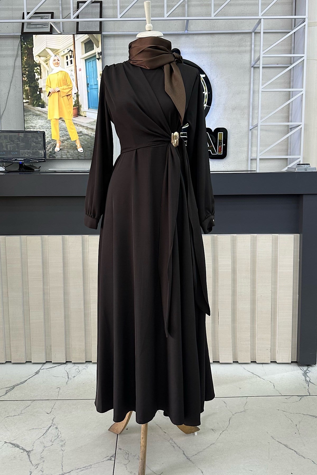 Toka Detaylı Elbise KahverengiDubaiShowroomELBİSELER03012