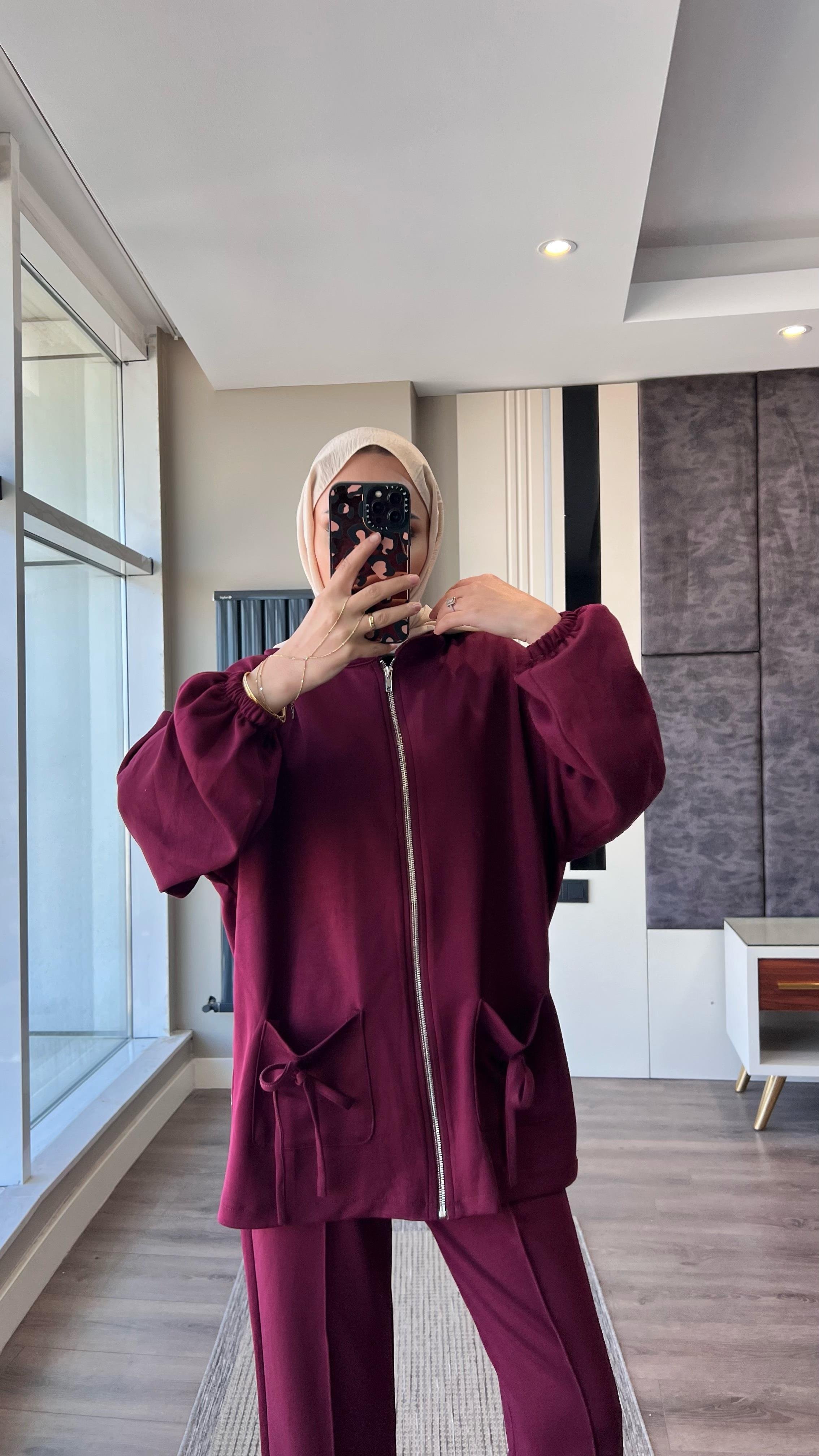 Cep Üstü Fiyonklu Oysho Takım BordoDubaiShowroomTAKIM29144